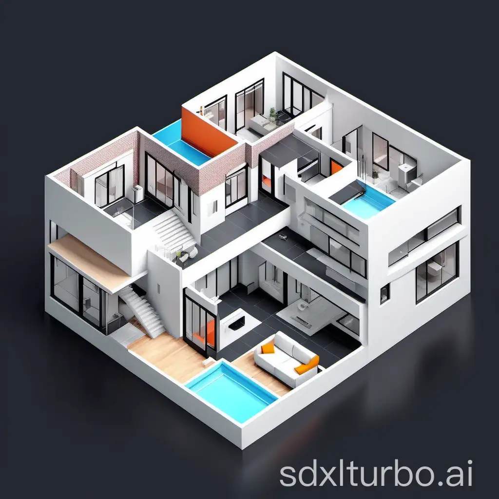 white residential house, interior layout with color segmentation, flat roof, isometric projection, black background, 2 stories