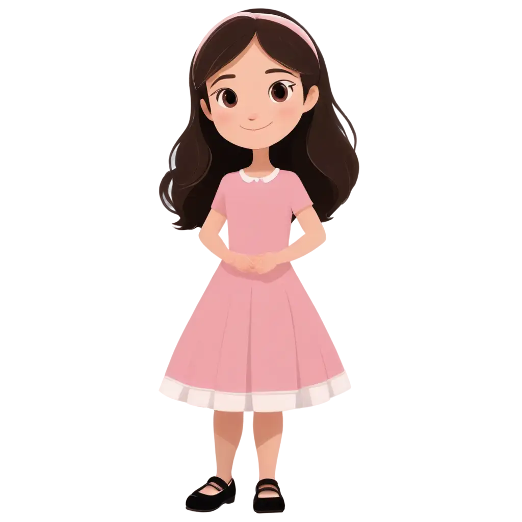 Cartoon for kids youtube video of a beautiful little girl with black hair and light brown eyes, light skin, innocent looking, wearing a pink dress and black shoes The style of the drawing is cartoon. 