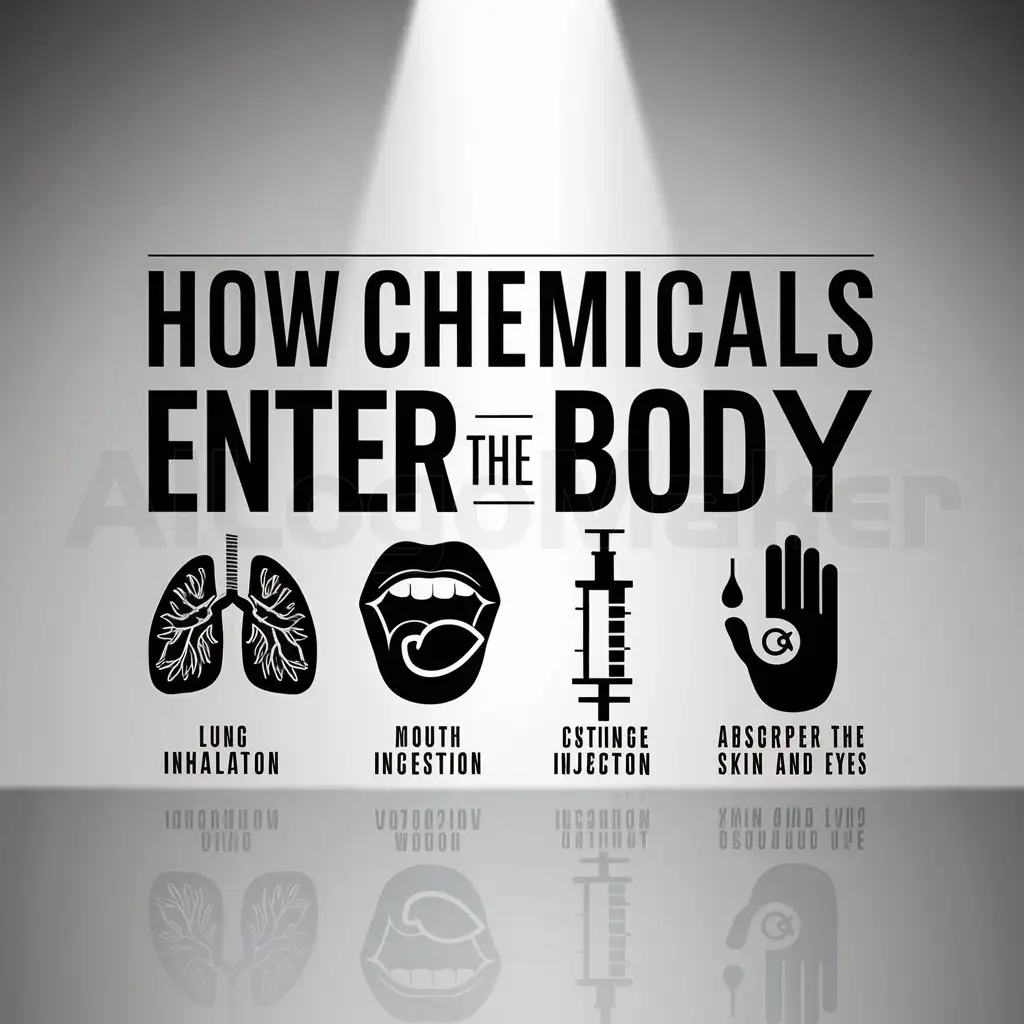 a logo design,with the text "How chemicals enter the body", main symbol:There are main four ways in which chemicals enter the body: n Inhalation n Ingestion n Injection n Absorption through the skin and eyes,complex,clear background