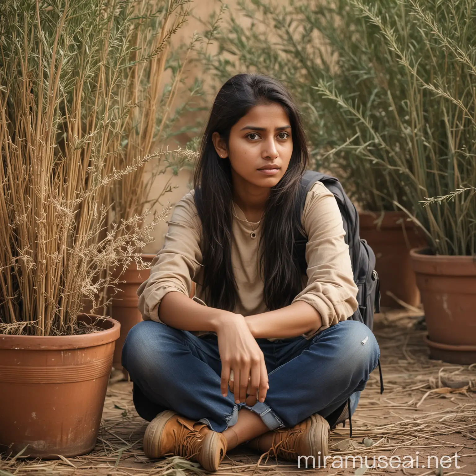 a young indian woman sitting with a backpack beside a dried plant in a pot. Her facial expression is sad, the picture is shot with a Canon EOS DSLR under natural lighting