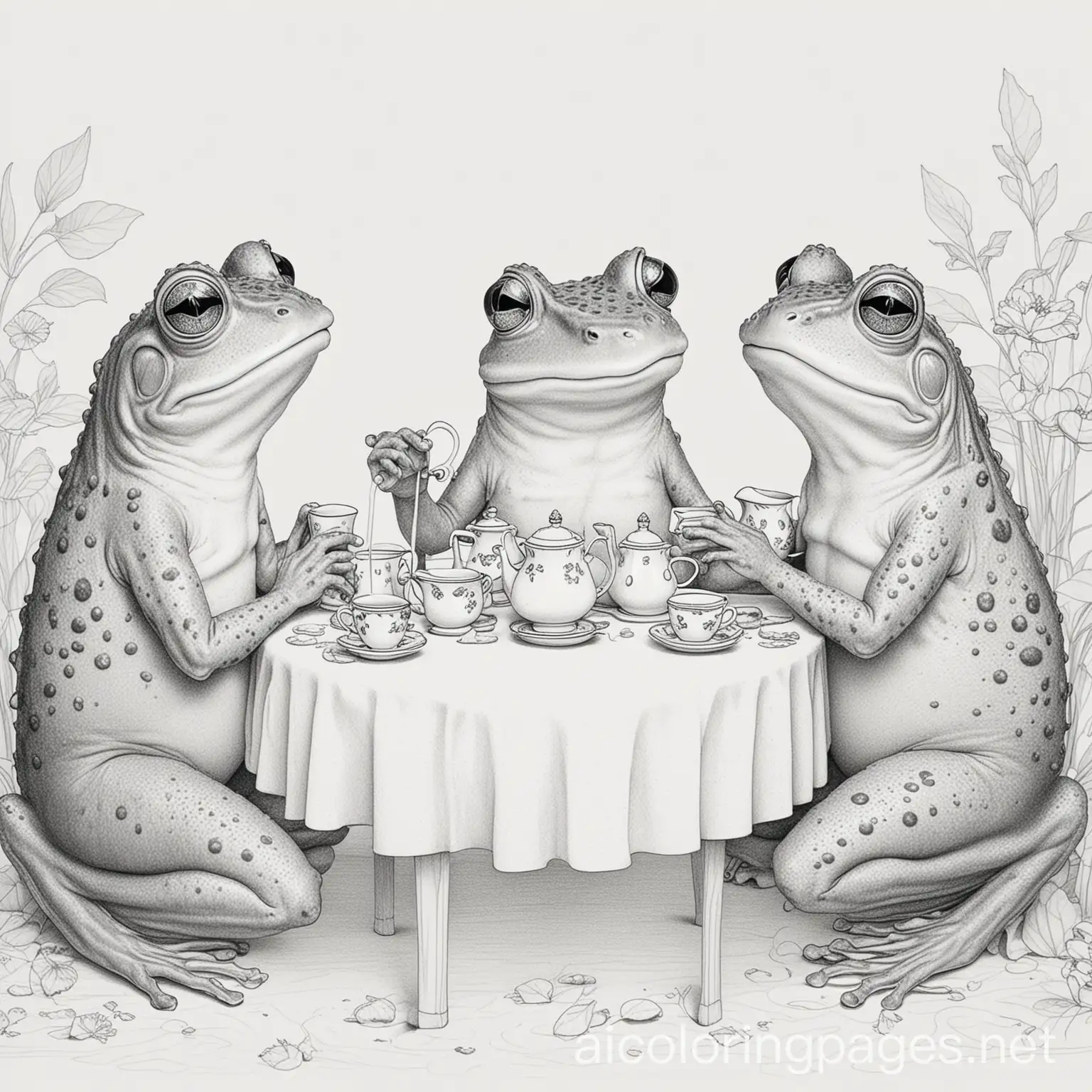 frogs drinking tea at the afternoon tea party, Coloring Page, black and white, line art, white background, Simplicity, Ample White Space. The background of the coloring page is plain white to make it easy for young children to color within the lines. The outlines of all the subjects are easy to distinguish, making it simple for kids to color without too much difficulty