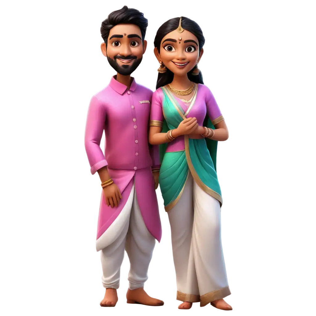 Exquisite-South-Indian-Wedding-Caricature-in-Pinkish-Attire-Bride-in-Saree-and-Groom-in-Lungi-PNG-Image