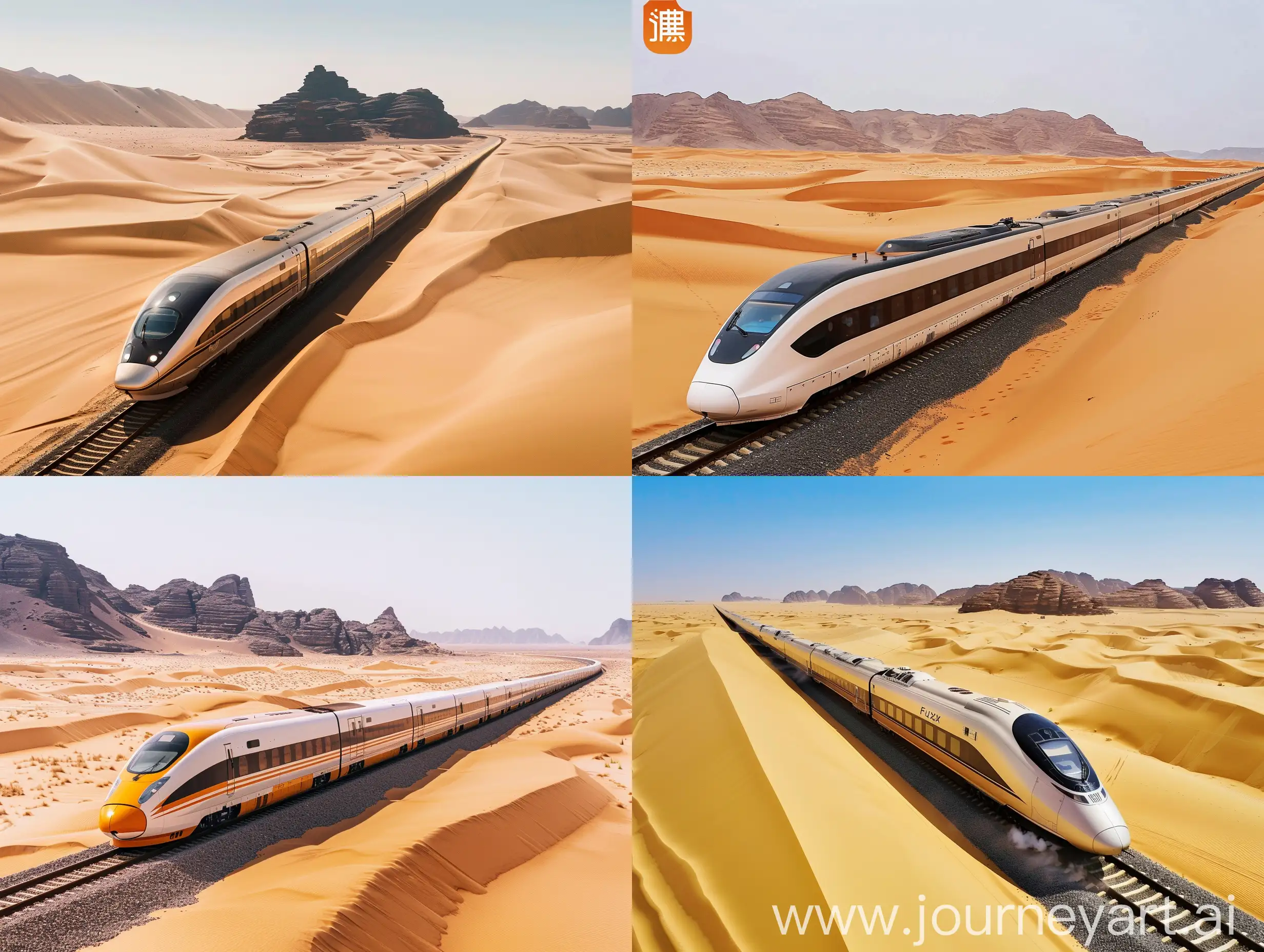 Prompt: A Fuxing high-speed train travels through the vast and boundless desert.