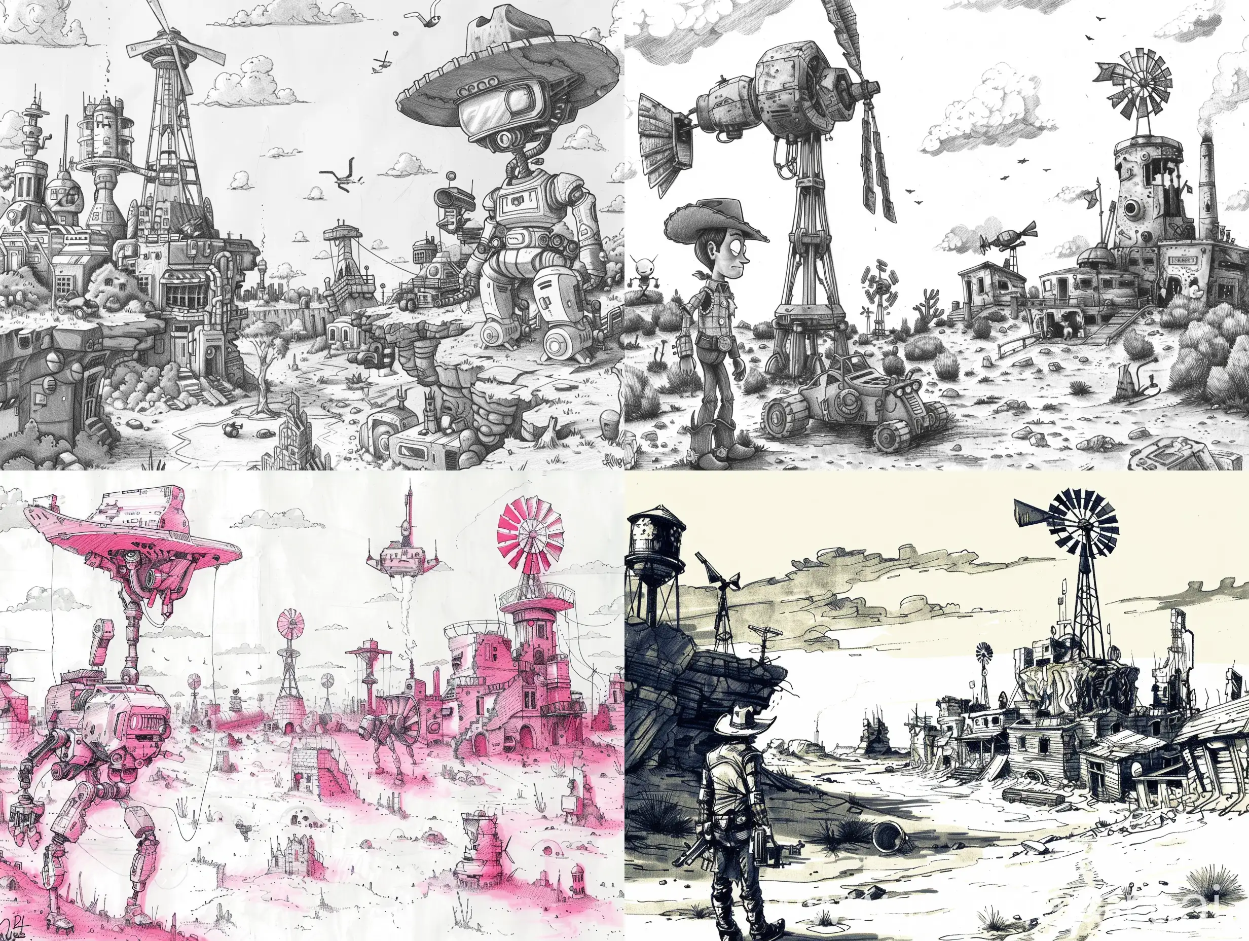 Futuristic-Texas-Windmill-Landscape-with-Cowboy-and-Robot-Horse-Battling-Cyber-Robots