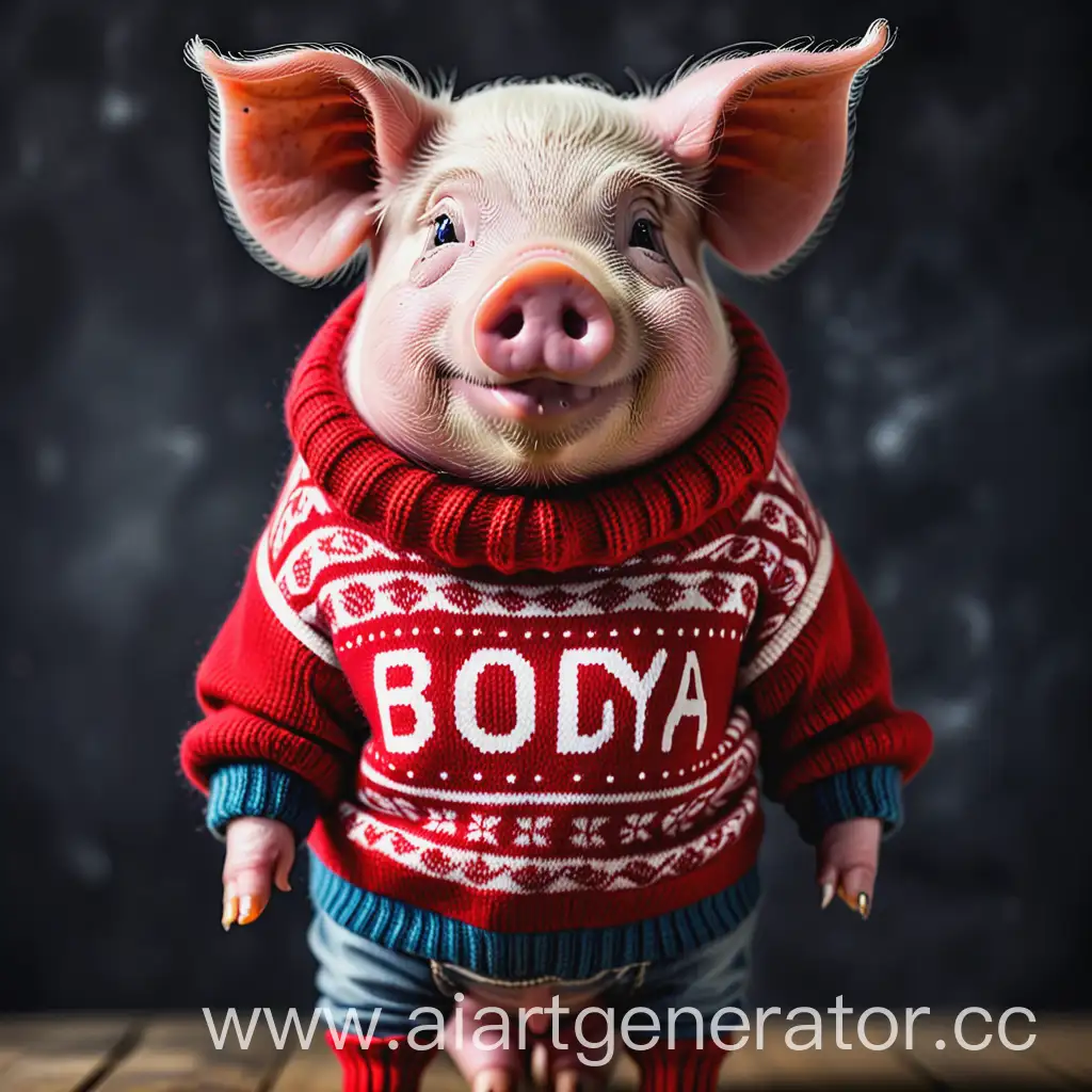 свинья в свитере с четкой надписью: bodya