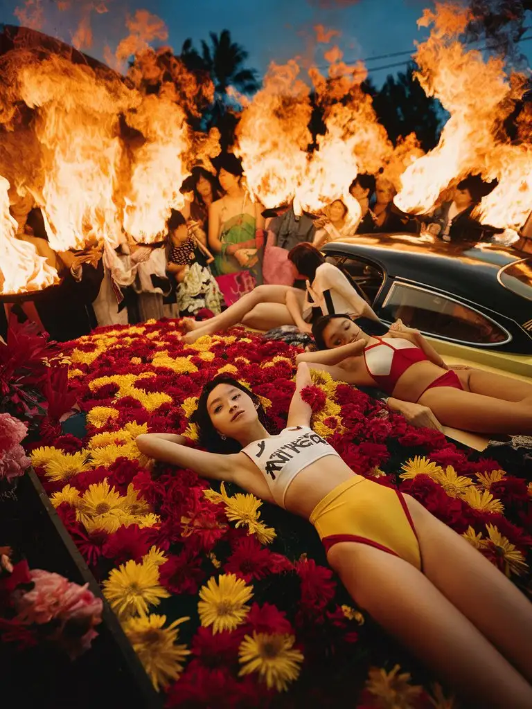 photography by Ninagawa Mika，crowded scene，Wide-angle lens，burning flowers cover the screen，filled with flowers and fire，an asian girl lie down，full of energy，in a retro car，high fashion bikini，red and yellow，best quality，Kodak portra400，raw --v 6.0