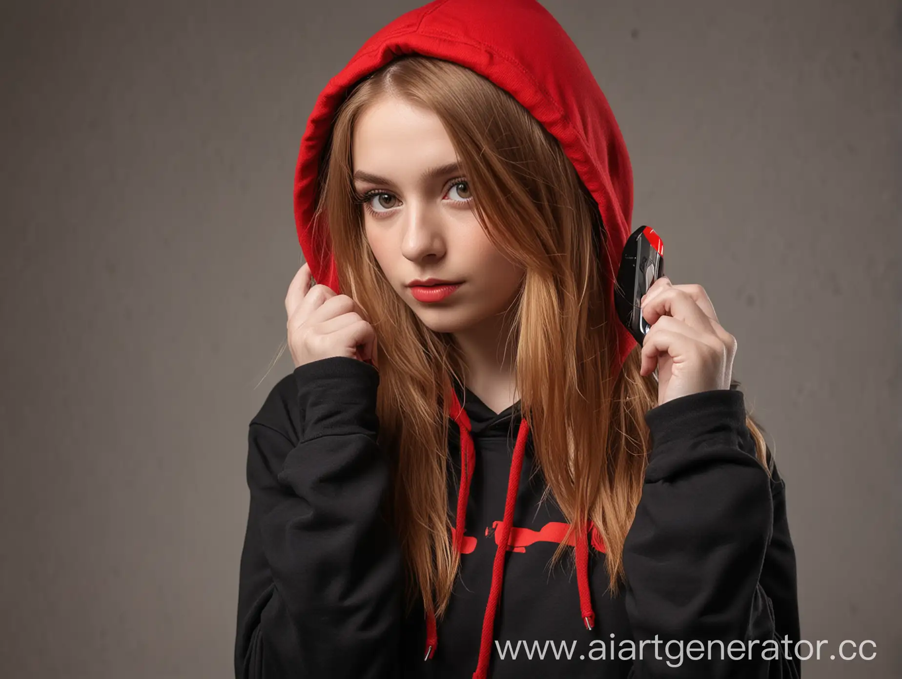 Девушка с закрытым телефоном лицом со светло каштановыми волосами с красными кончиками в красно чёрной толстовке и чёрных штанах