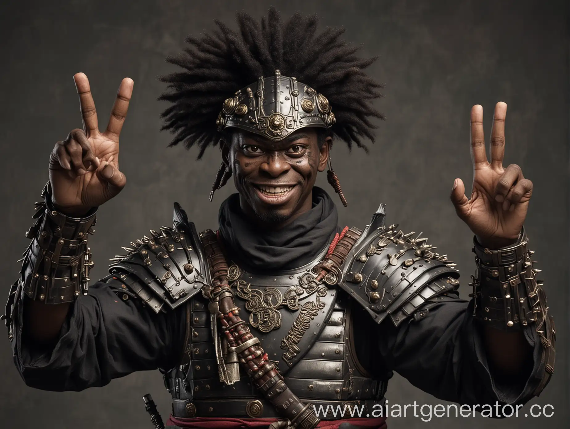 Чернокожий афроамериканец самурай в военной форме доспехах  и показывает пальцем в камеру
Вместо лица , trollface
