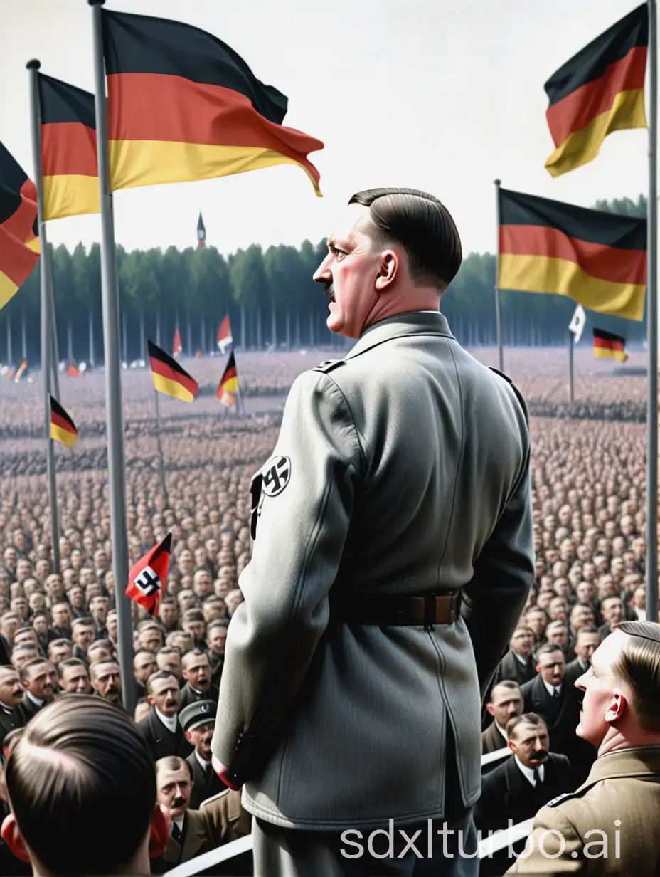 Adolf, Hitler, facing crowd speaking, around various German national flags