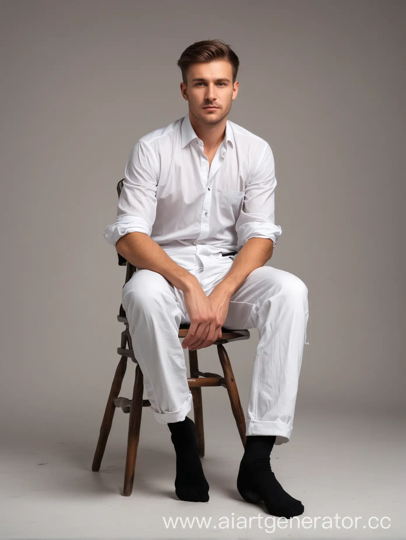 Man-Sitting-in-Chair-in-Casual-Attire-with-Studio-Light-Background