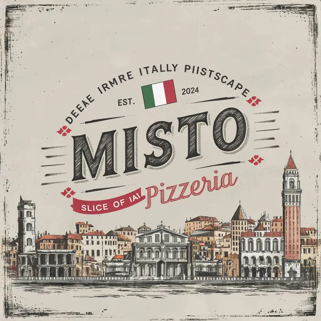 Misto Pizzeria, Vintage, White background, Slogan, Slice of Italy, EST 2024, Sketched Italian city, Italy flag icon.