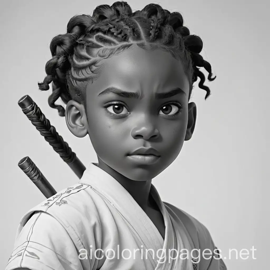 kind of heavy 11-year-old black boy with braids martial arts warrior, Coloring Page, black and white, line art, white background, Simplicity, Ample White Space