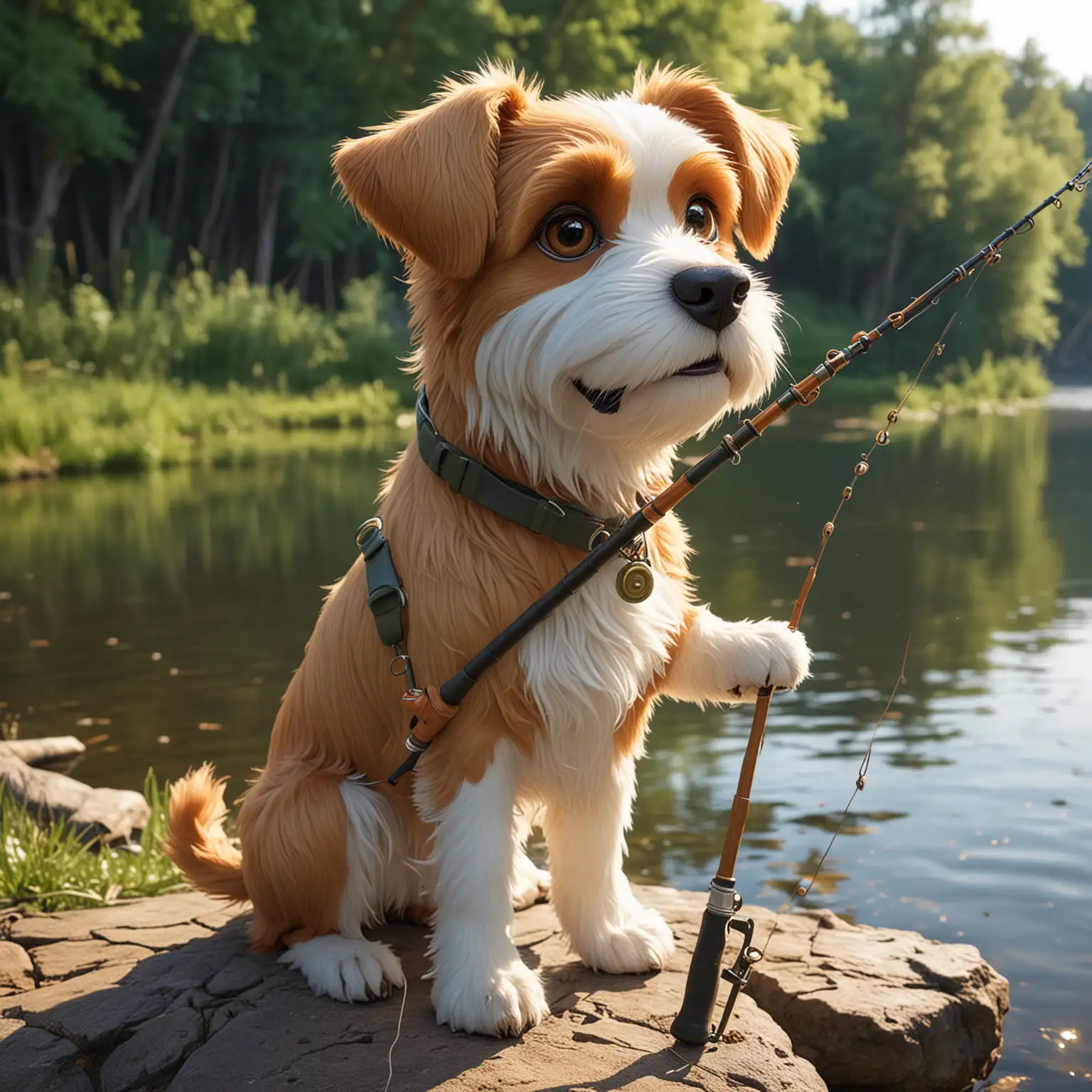 Сделай собаку в мультяшном с удочкой на речке 
