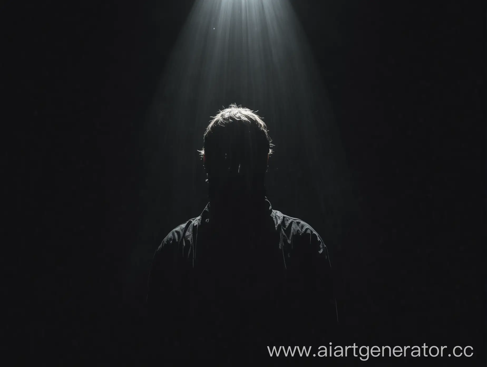 Человек без лица в черной комнате под источником света