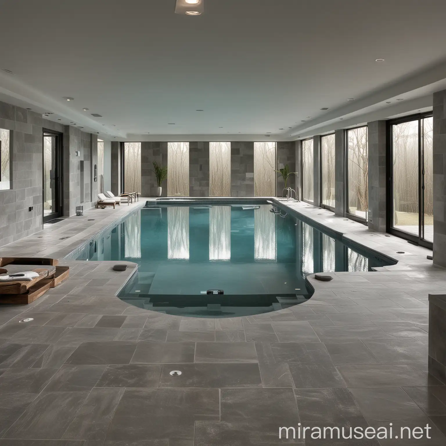 indoor square pool with a connected round hot tub.  Make the walls of the room gray