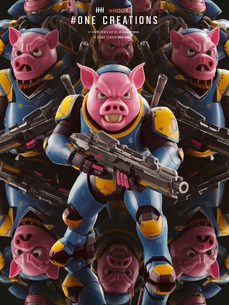 design a poster bold title: '#one creations' featuring An Angry pink pig Robot Mecha Soldier, Angry Agile Anthropomorphic Figure, Wearing Futuristic blue and yellow Soldier Armor and Weapons, Reflection Mapping, Realistic Figure, Hyper Detailed, Cinematic Lighting Photography, 32k UHD