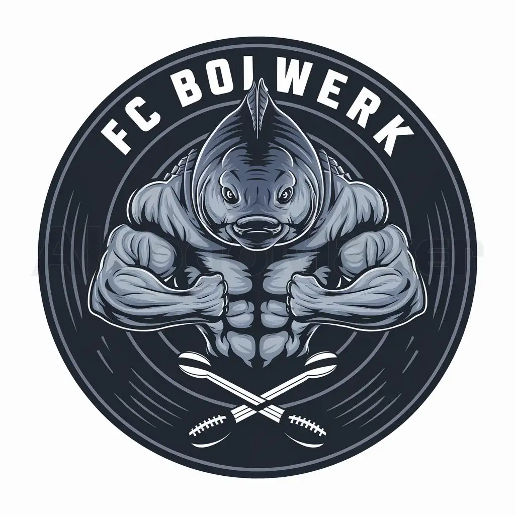 a logo design,with the text "FC Bolwerk", main symbol:The logo for the football team "FC Bolwerk" features a powerful, anthropomorphic carp fish as its central element. The carp fish is depicted frontally, with human-like muscled arms flexing downward in a classic bodybuilder pose. The fish's body faces directly forward, ensuring the muscular arms are clearly visible and symmetrical.

The carp's face is fierce and focused, with intense eyes and a determined expression. Its scales shimmer in shades of blue and silver, adding depth and detail to its aquatic nature. The muscled arms, positioned on either side of its body and tensed downward, showcase prominent biceps and defined muscles, emphasizing the team's strength and determination.

Encircling the fish is a bold, circular border in dark navy blue, symbolizing unity and teamwork. The border features subtle wave patterns to enhance the aquatic theme. At the top inside the border is the team name "FC Bolwerk" in a strong, uppercase, sans-serif font. The text is white with a slight shadow for contrast against the dark background.

To reinforce the football theme, two crossed footballs are placed at the bottom of the border. The overall design is modern, aggressive, and embodies the competitive spirit of the team.,Moderate,be used in Sports Fitness industry,clear background