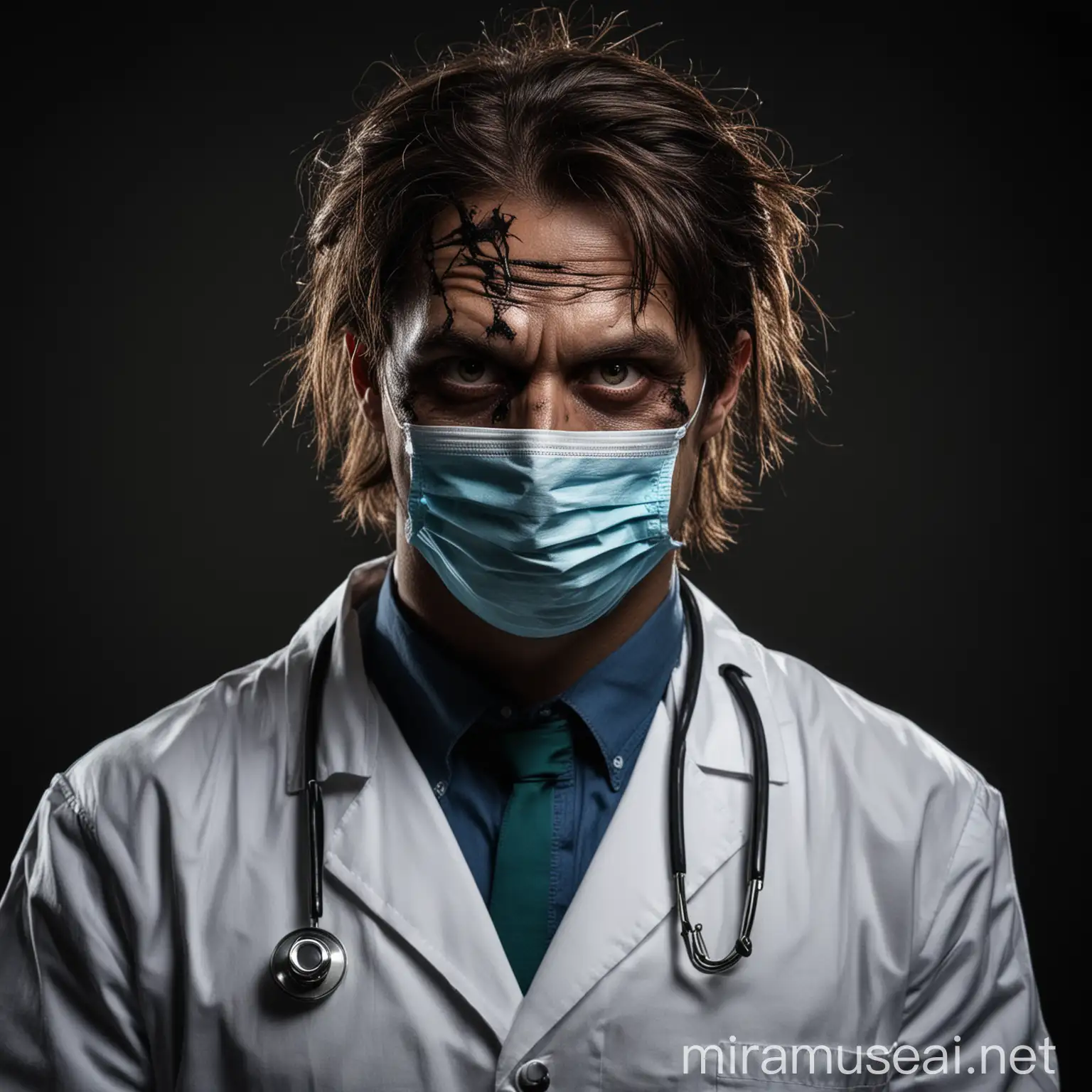 scary doctor in medcine mask, very black background