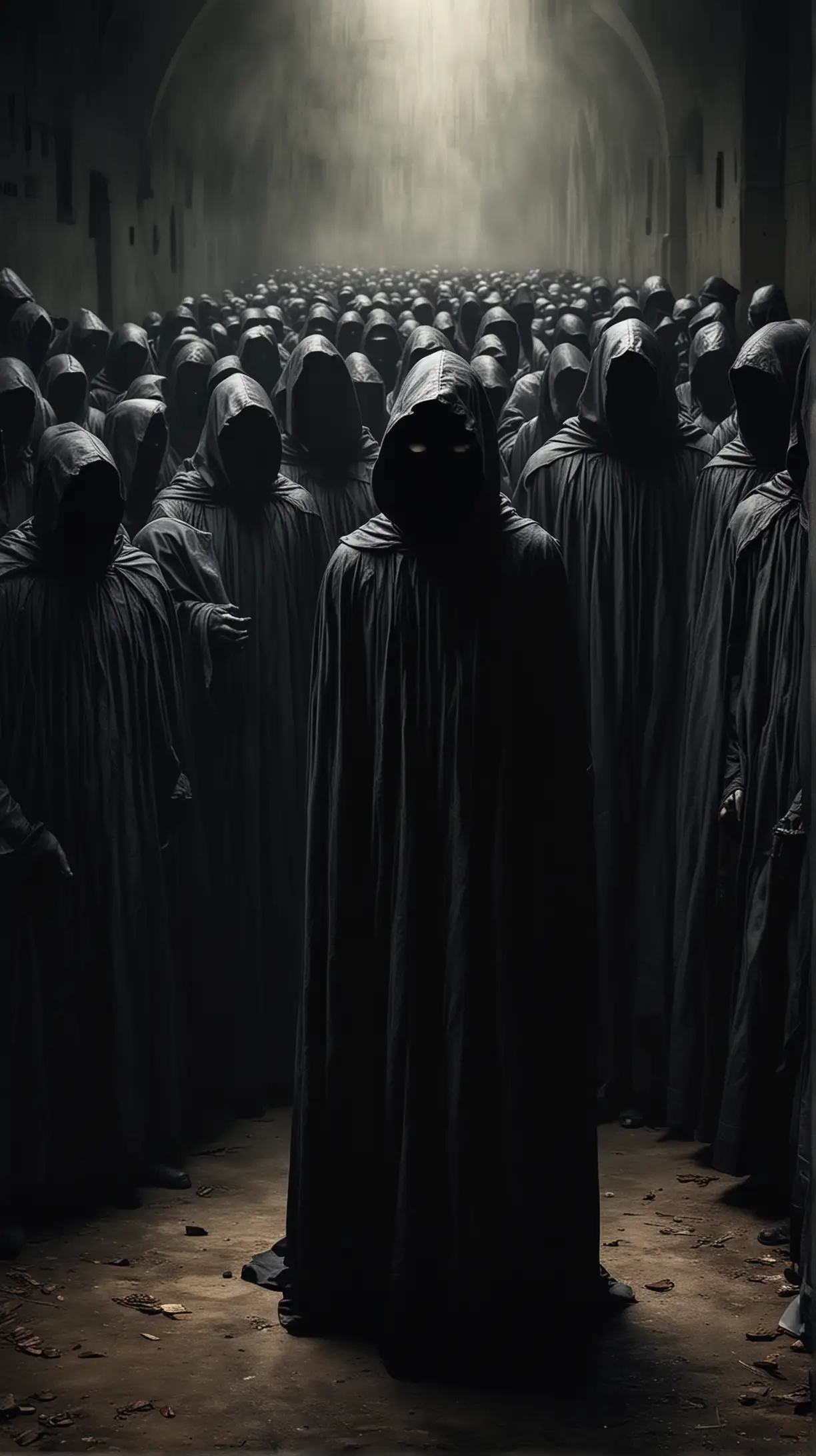 Dark, Shadowy Figure: The figure could be depicted wearing a cloak or hood, with their face obscured, and casting a menacing shadow over a group of people below. This image symbolizes the omnipresent fear and uncertainty faced by those accused of being enemies of the people. Hyper realistic.