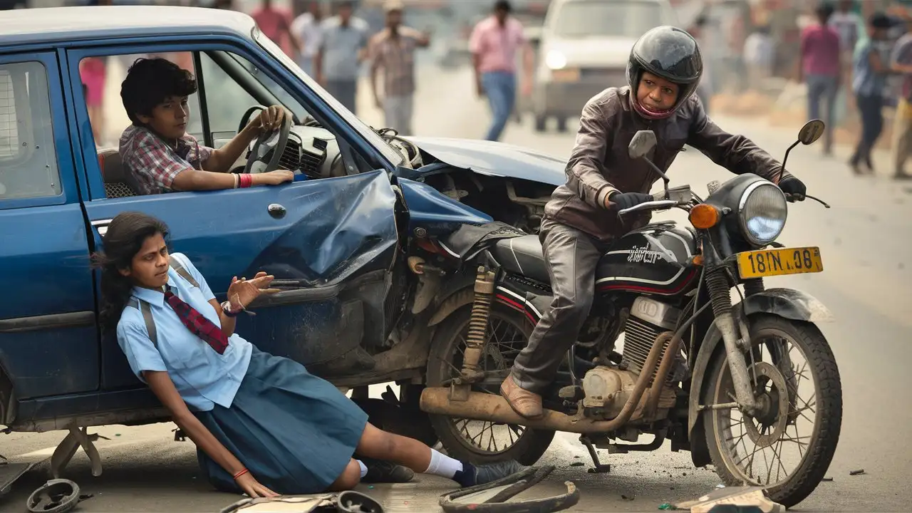 A 16-year-old Indian boy driving a car hit three people riding a motorcycle. There was also a girl wearing school dress on the bike, clear image