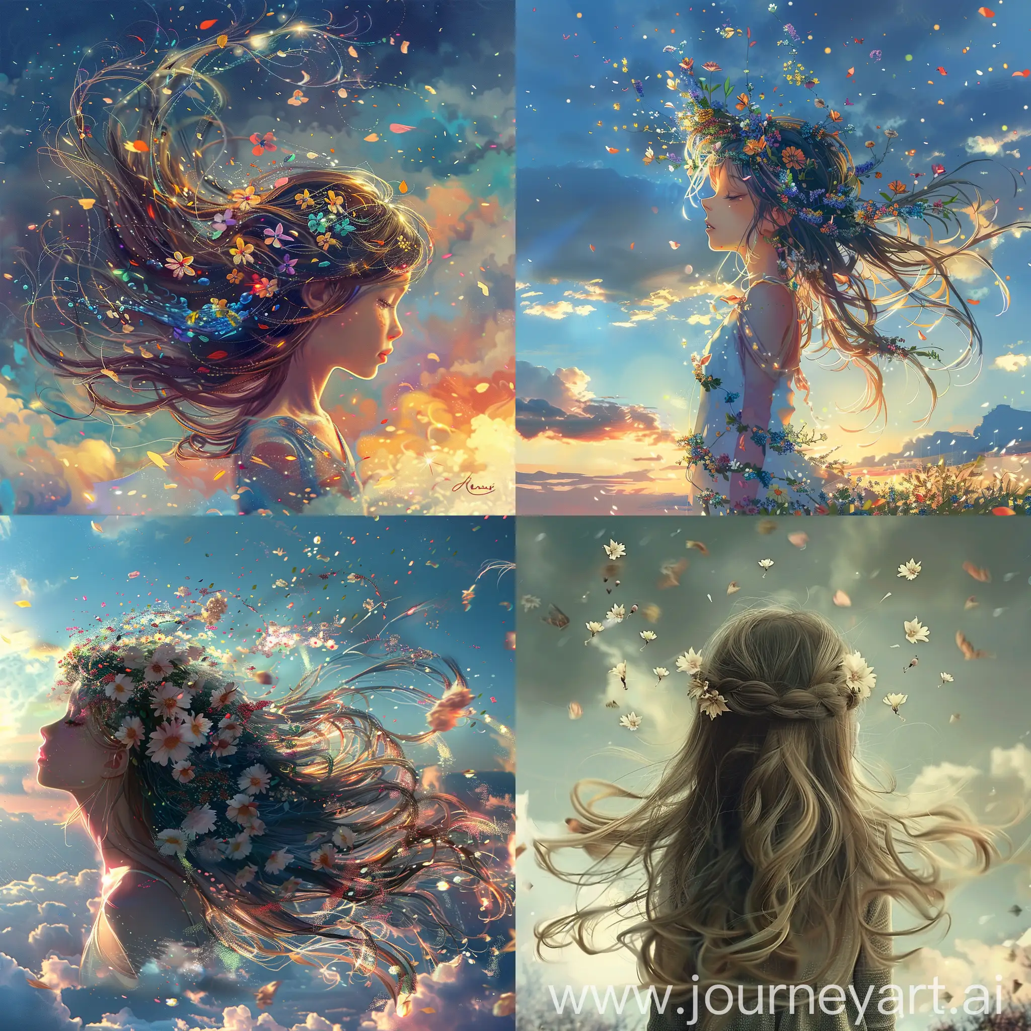 A very beautiful design of a 9-year-old girl with very beautiful long wavy hair, masterpiece, digital design, childish, very beautiful colors with a beautiful color spectrum, eye-catching, very beautiful flowers in the hair and are falling from the sky to the ground A very beautiful and dreamy scene --v 6