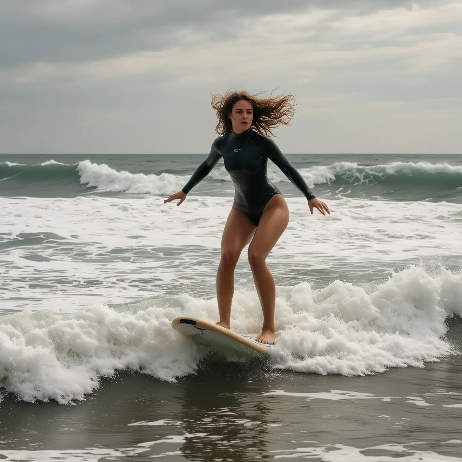 surge of the sea, a young woman steps on a surfboard, dancing with huge waves