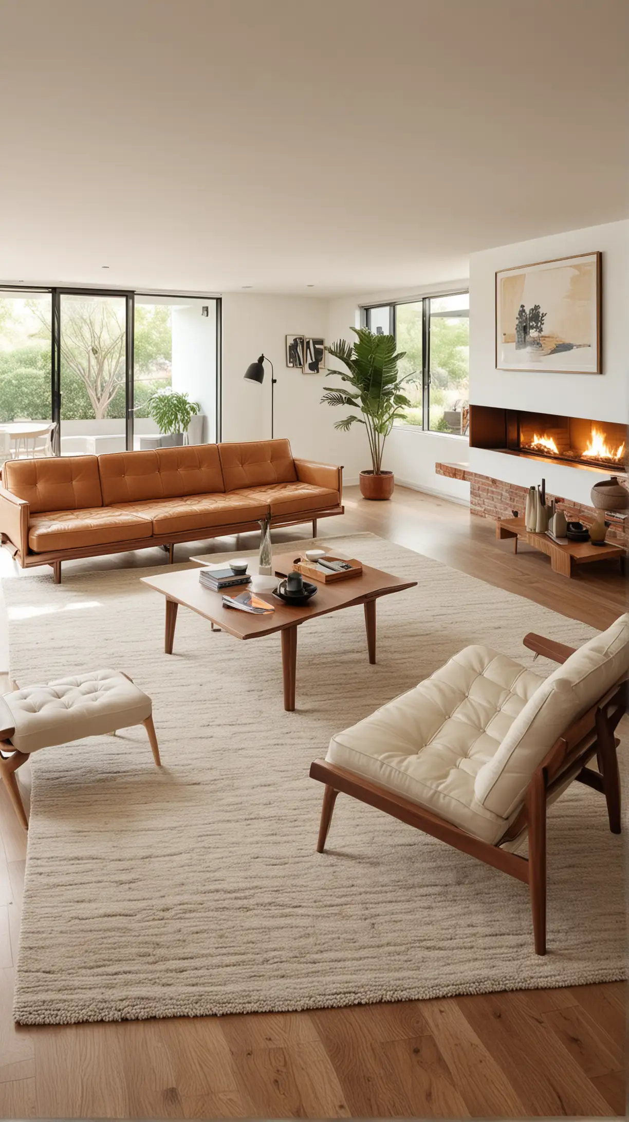 A sleek and stylish midcentury modern living room featuring low-profile furniture with clean lines, minimalist design, and neutral colors.