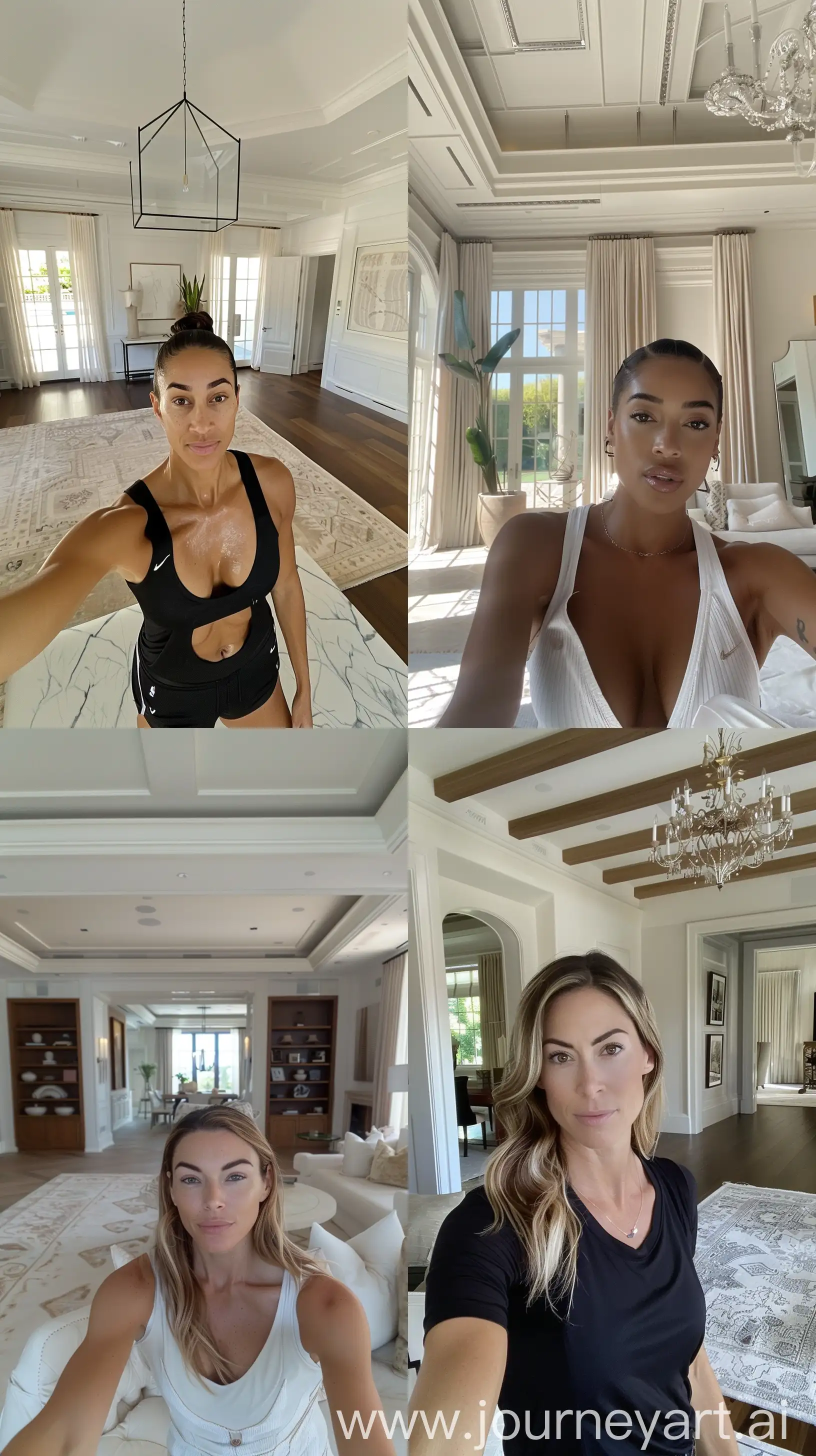 Aesthetic Instagram selfie of WNBA player Cameron Brink, woman, in her LA Mansion, wide set, looking into camera, throw face away in room --ar 9:16