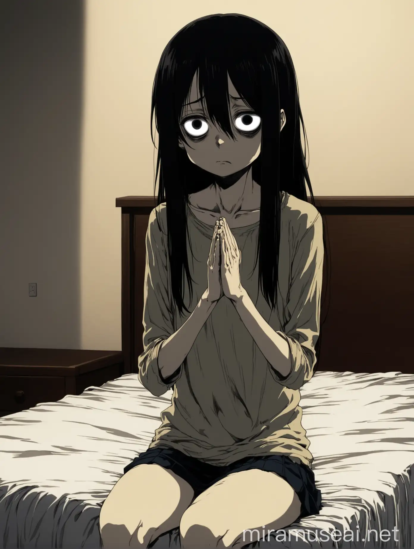 Anime girl in her 20-es, begging, skinny, unkempt long black hair, bags under eyes, plaintive face, sitting on bed, room on background