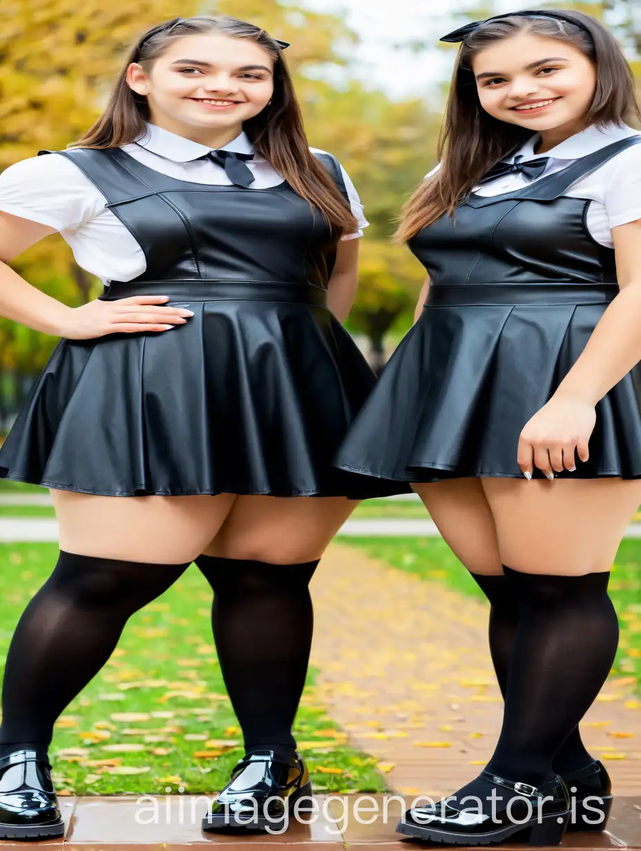 Two cute teen schoolgirls in leather skater pinafore dresses, high heels shoes, stockings, white transparent blouses, stand in park