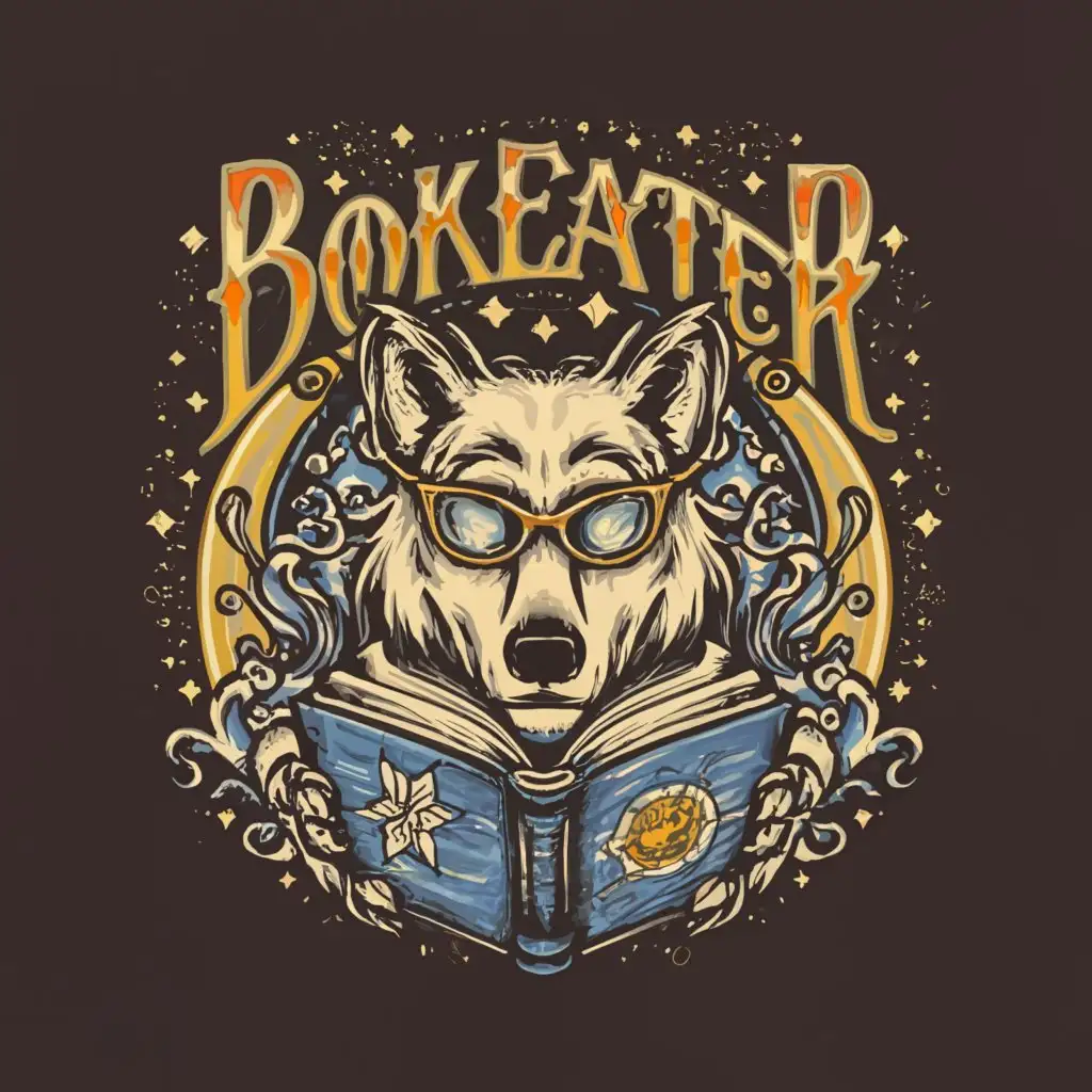 a logo design,with the text 'bookeater', main symbol:a magic wolf that reads book with a moon at the background.cartoon,complex,clear background