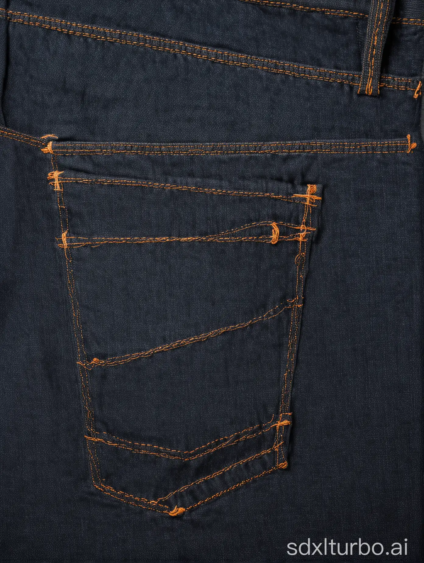 A close-up of a pair of jeans, showing the stitching and fabric. The jeans are dark blue and have a classic five-pocket design.