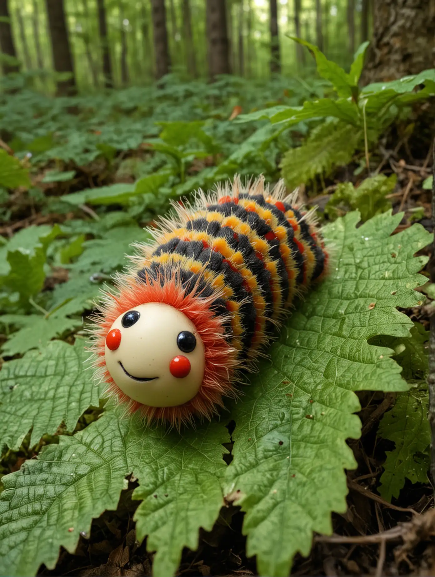 Very Cute Fat Clown Caterpillar Under a Leaf in the Forest