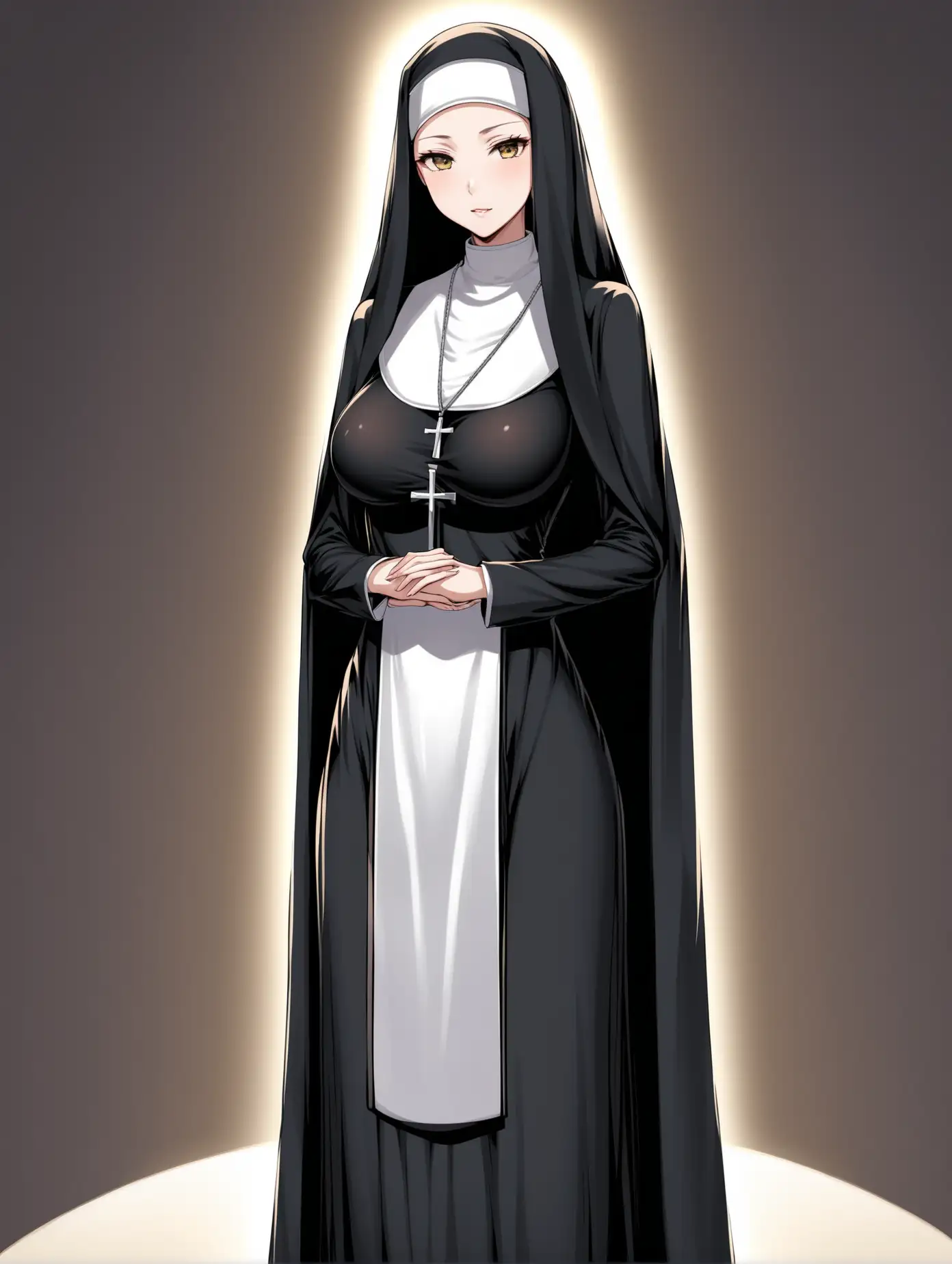 взрослая женщина, монашка, стоит во весь рост, стройная, худая, пышная грудь, сексуальная 