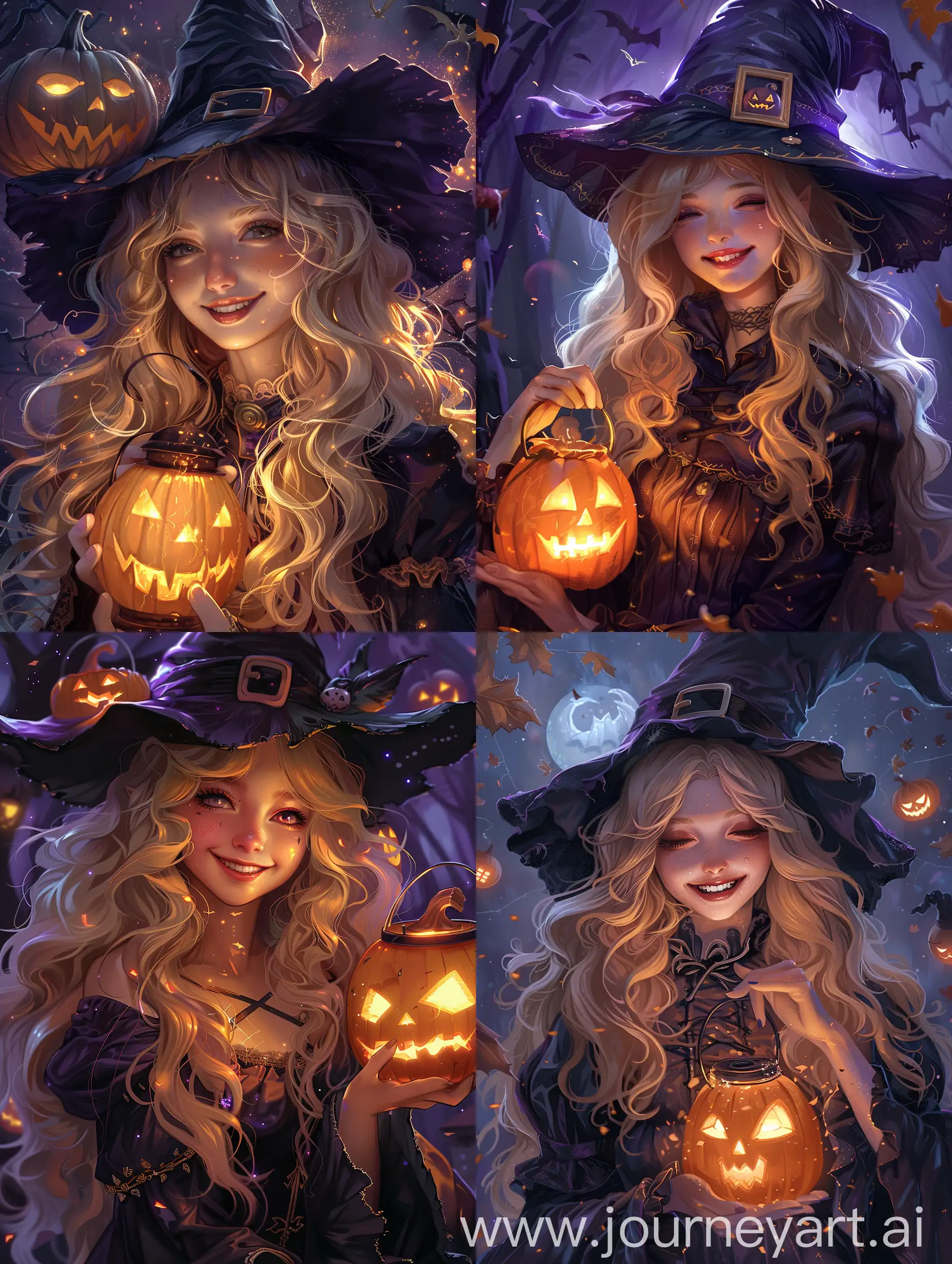 a witch, smile, white long hair, holding a pumpkin lantern,Halloween wallpaper, dark purple and orang color theme, cartoon magic style, 2d game art --ar 3:4 --s 250