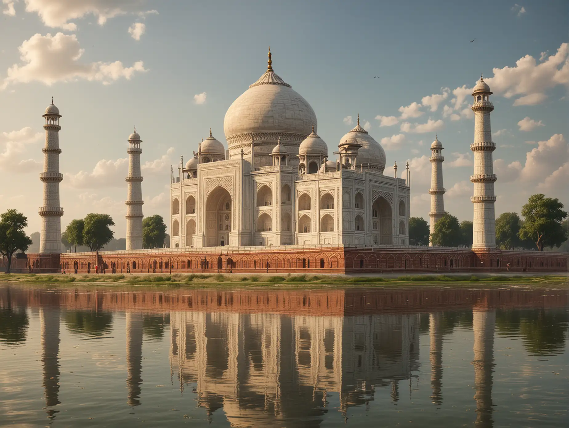 side view, Taj Mahal, hyperrealistic image, Yamuna River in Agra, 3d disney inspire