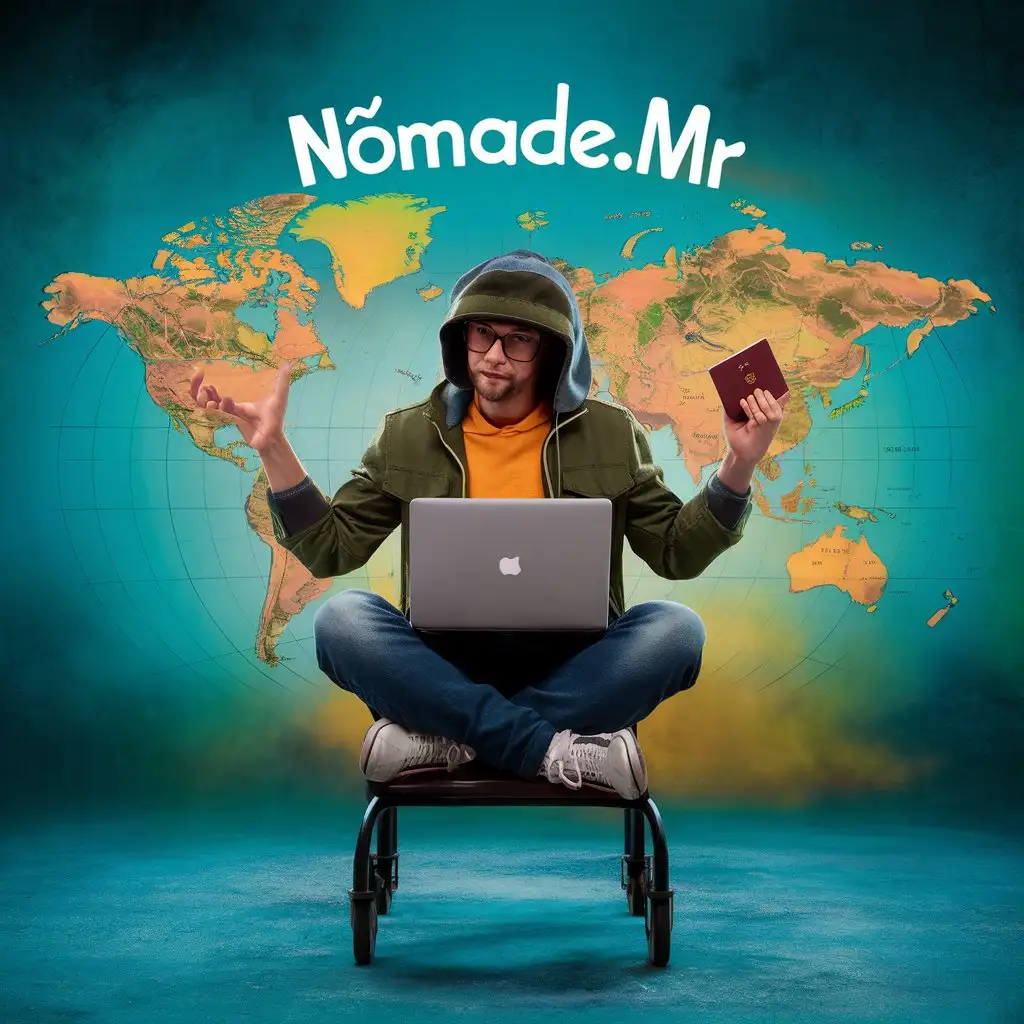 Digital Nomad Adventure Laptop Passport and World Map