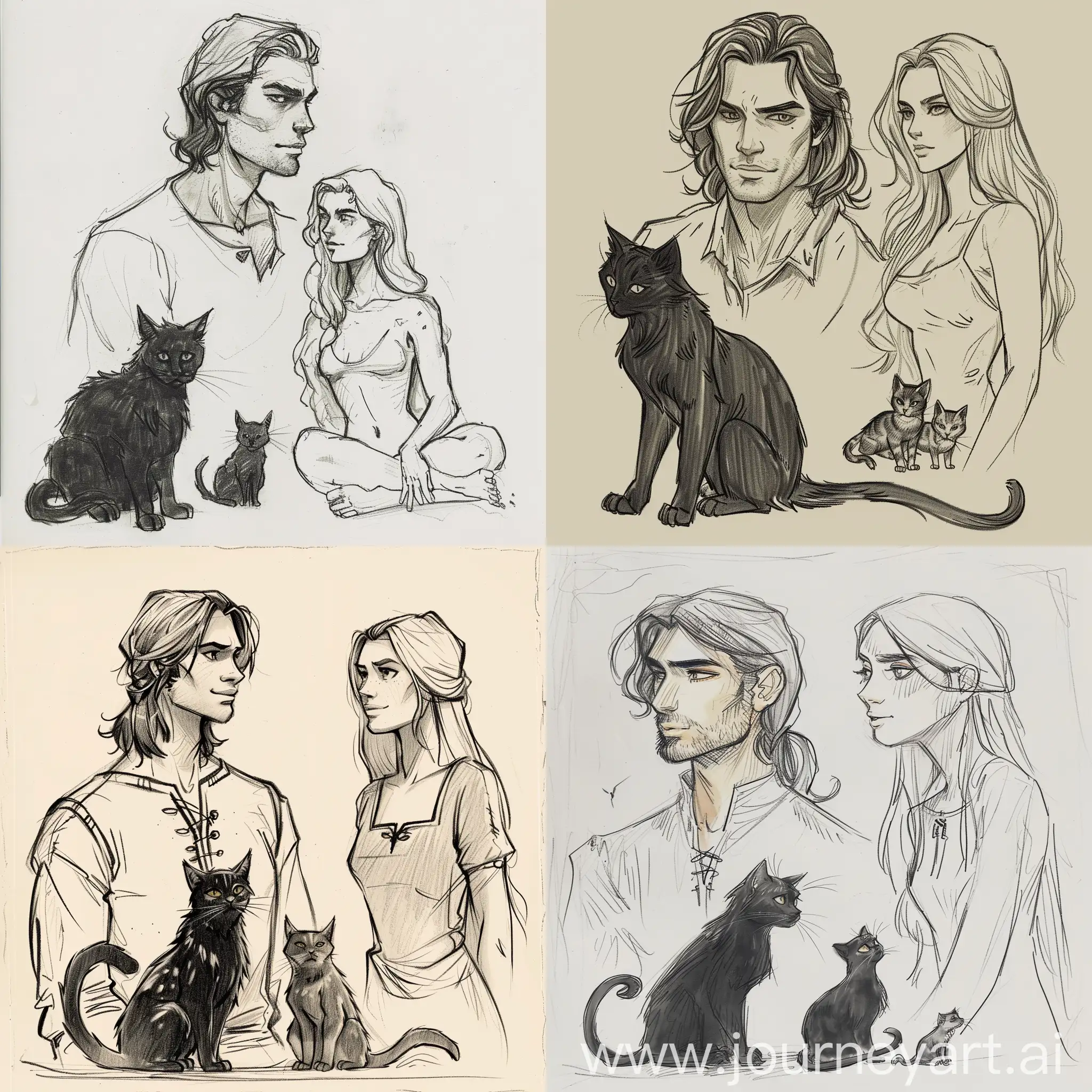 Slavic-Man-with-Black-Cat-Gazing-at-Blonde-Woman-with-Cats