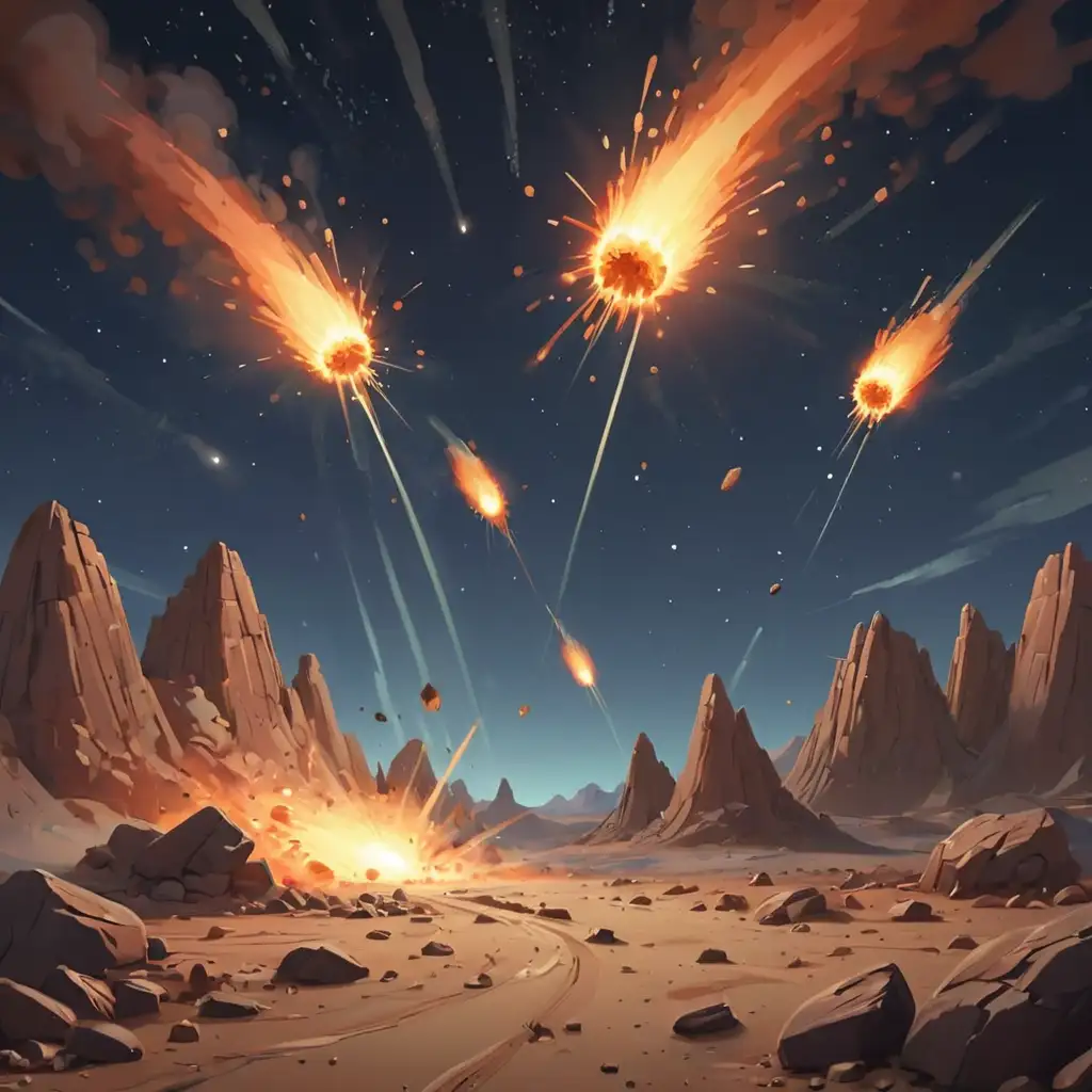 мультяшные пять комет падают с неба на землю 