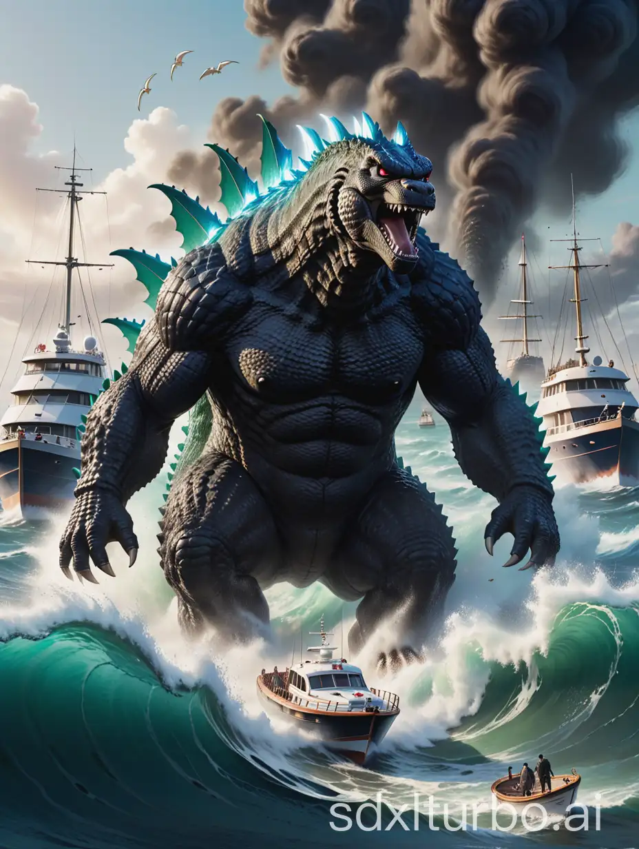 Gigantic, domineering, Godzilla, walking towards the camera in the sea, surrounded by yachts, small boats, amidst the raging waves, causing chaos.