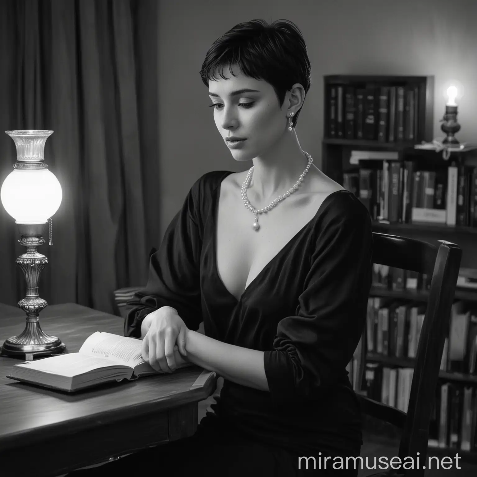 In the monochrome picture, a short-haired woman with a pearl necklace and earrings wearing black clothes sits on the chair and puts one of her hands on the back of the chair, in her back there is a lamp and a few books on the desk.