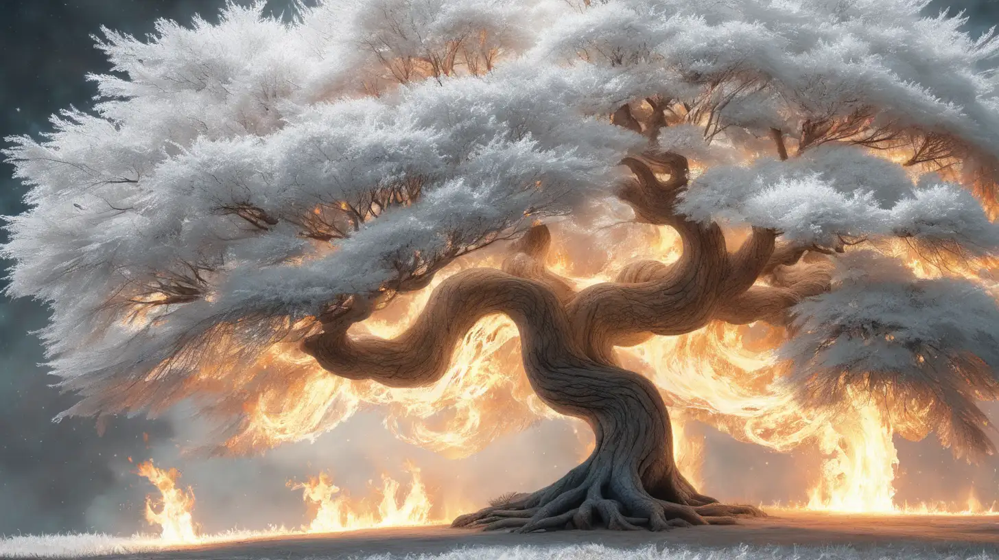 Ethereal White Flaming Tree in Mystical Setting