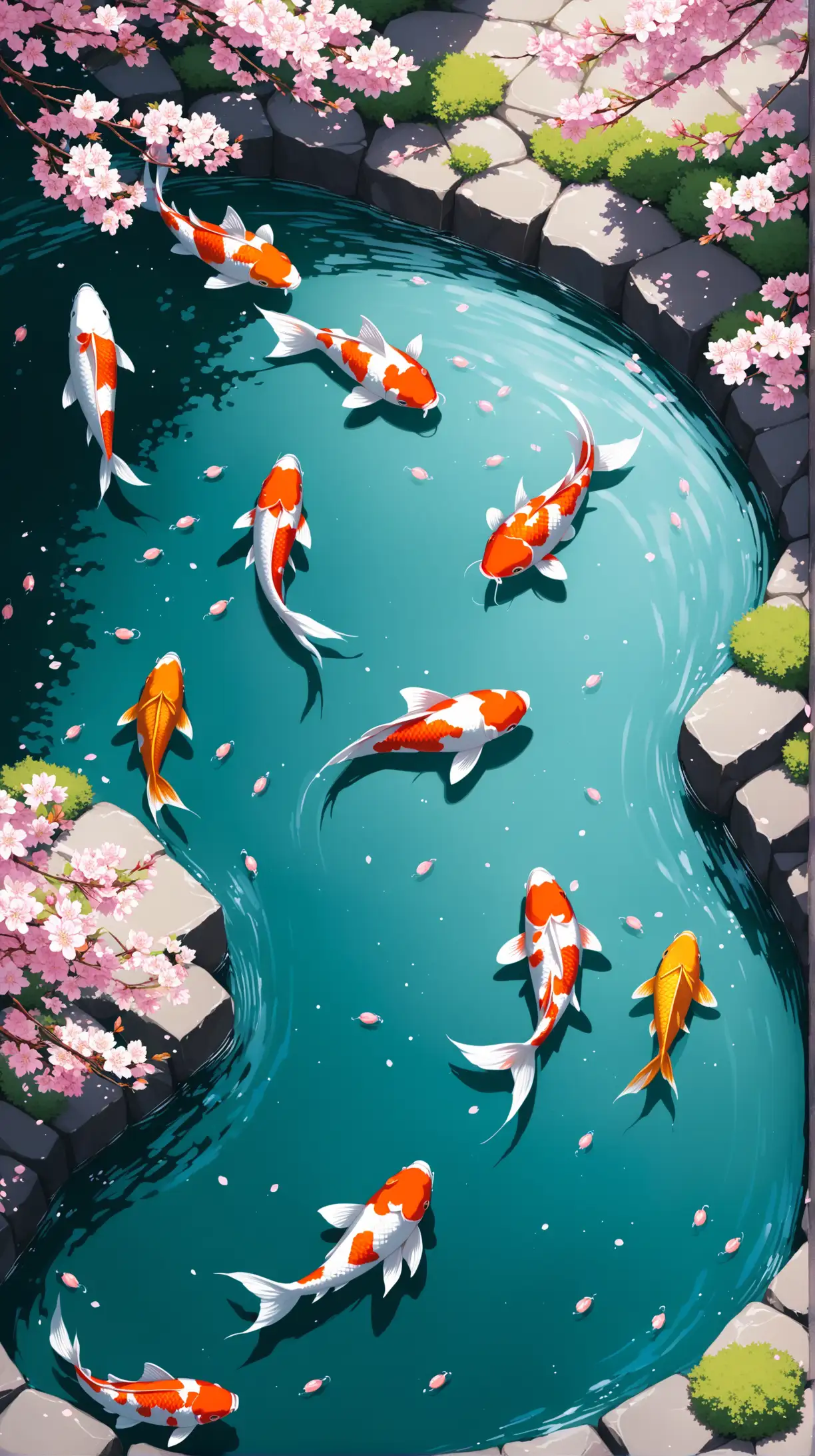 Koi fish in pond w I th falling cherry blossom in japan