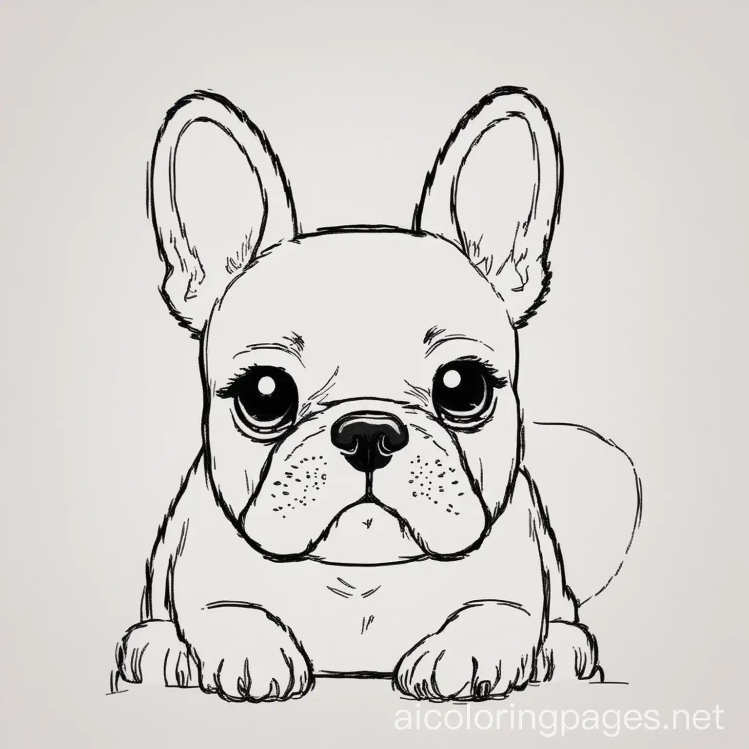 Coloring page for children,simple coloring page, just outline blacklines, no color, in the foreground a single French bulldog with a happy face. The white background with nothing, Ample White Space. The outlines of all the subjects are easy to distinguish, making it simple for kids to color without too much difficulty, Coloring Page, black and white, line art, white background, Simplicity, Ample White Space. The background of the coloring page is plain white to make it easy for young children to color within the lines. The outlines of all the subjects are easy to distinguish, making it simple for kids to color without too much difficulty