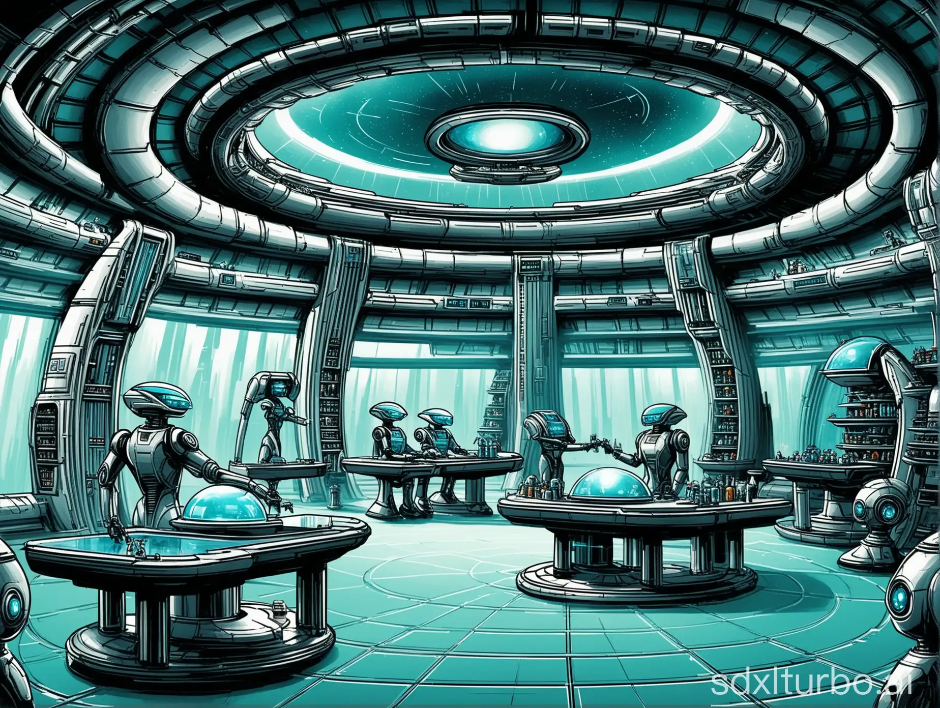 perry rhodan style futuristic laboratory with robots