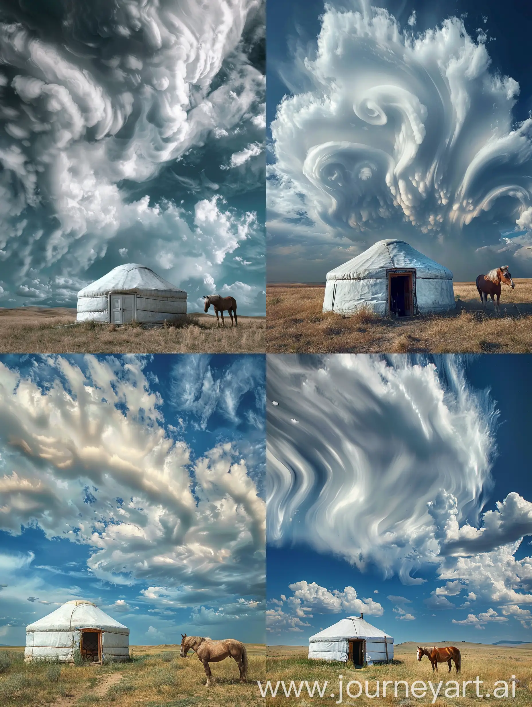 Traditional-Kazakh-Yurt-with-Twisted-Clouds-and-Horse-in-Steppe