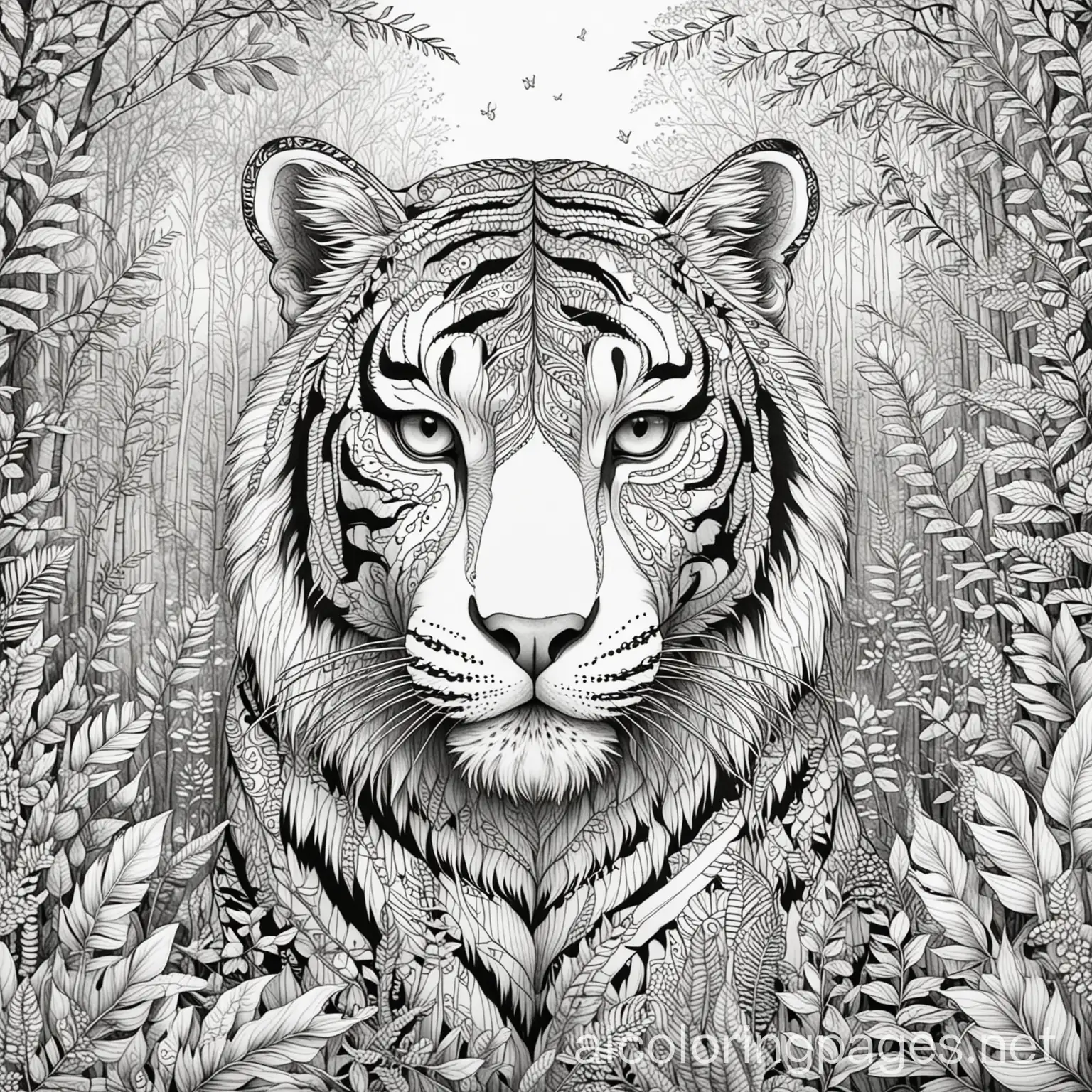 zentagle tiger forest love
, Coloring Page, black and white, line art, white background, Simplicity, Ample White Space. The background of the coloring page is plain white to make it easy for young children to color within the lines. The outlines of all the subjects are easy to distinguish, making it simple for kids to color without too much difficulty