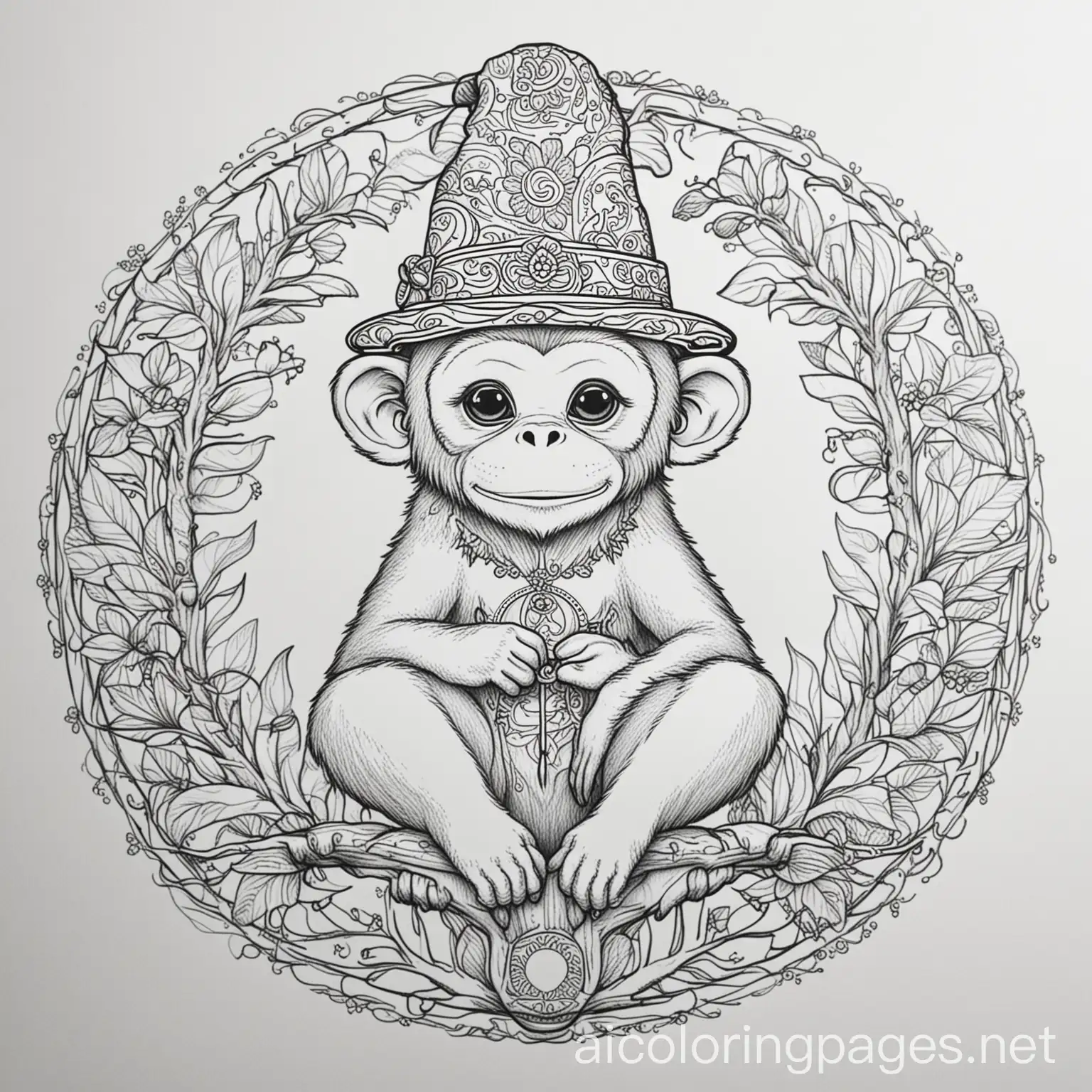 Monkey-on-Tree-with-Magician-Hat-Coloring-Page