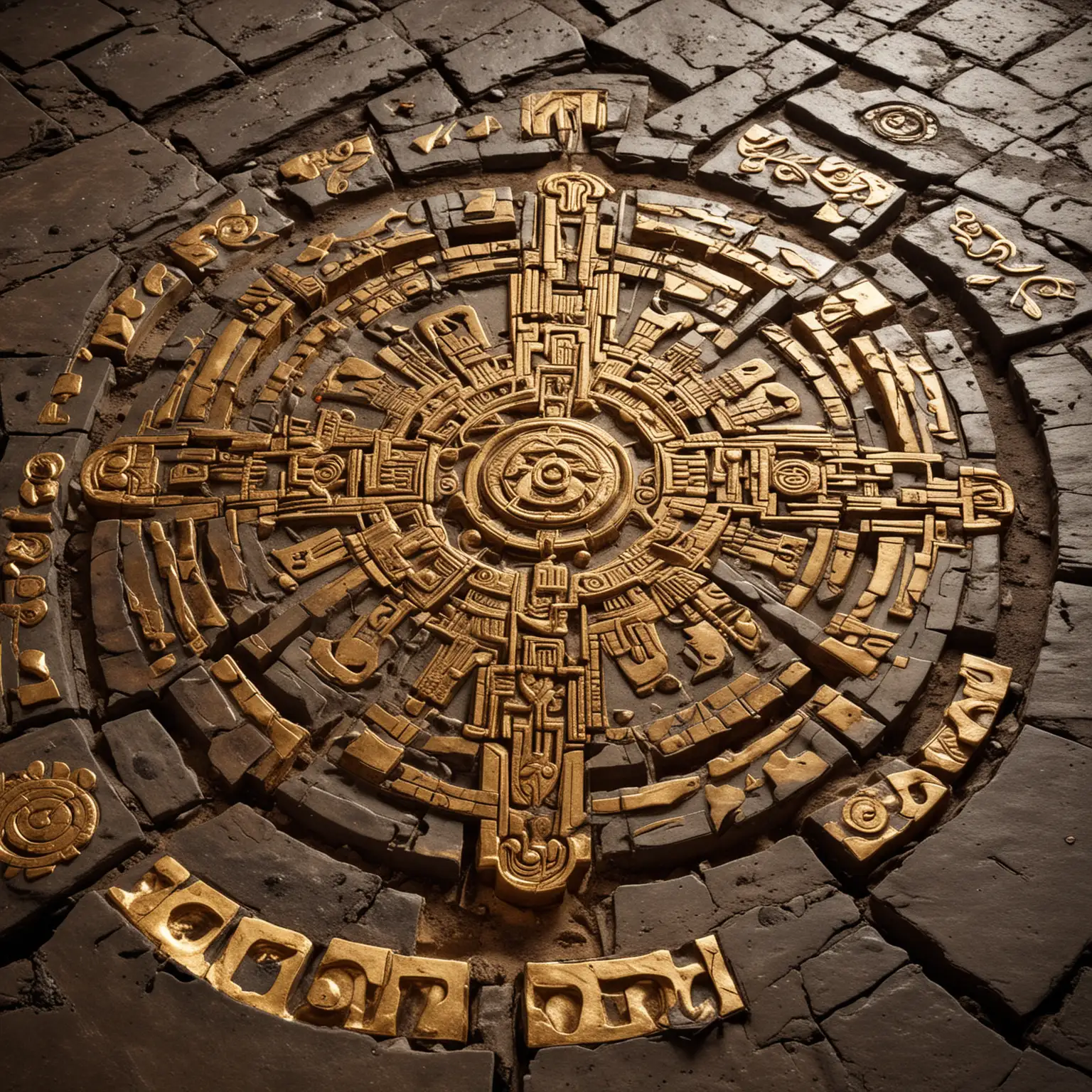 molton gold liquid metal pouring into floor aztec symbols through cracks
