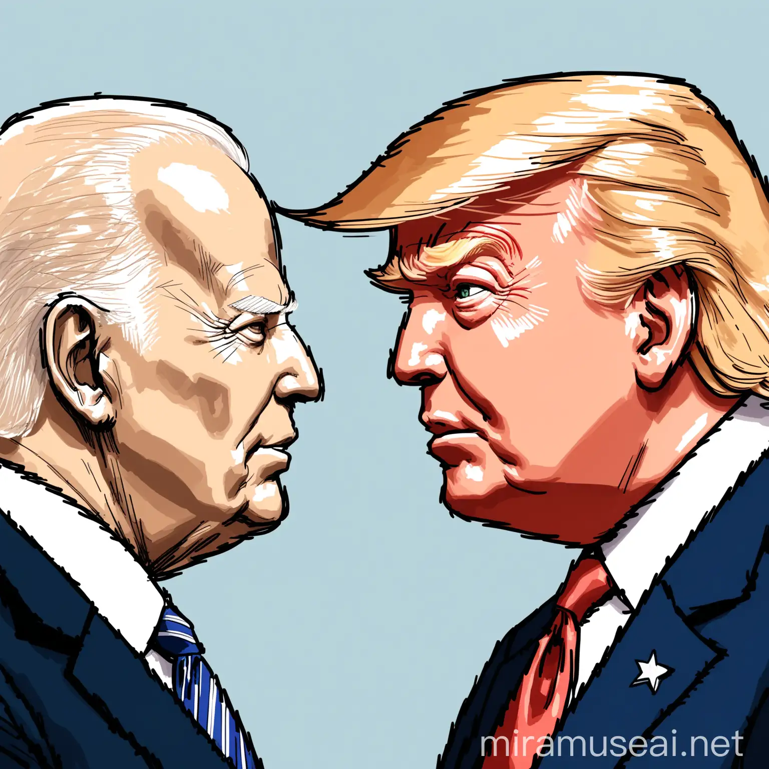 simple hand-drawn illustration of Donald Trump face to face Joe Biden